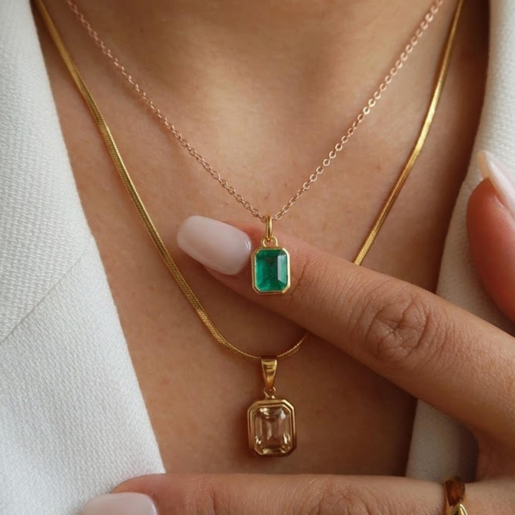 14k Gold Emerald Cut Green Emerald Pendant Minimalist Solid 10K Yellow Gold Pendant Necklace For Women Wedding Jewelry May Birthstone