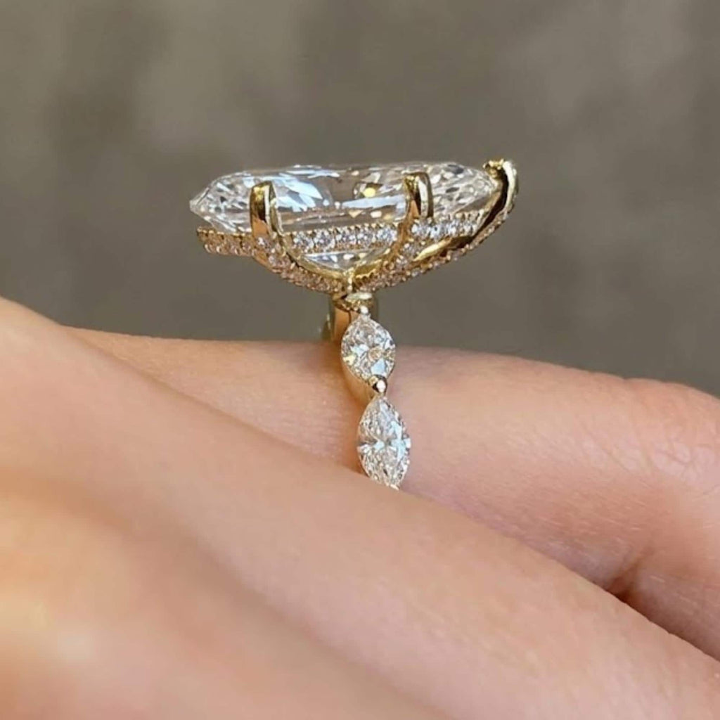 3.00Ct Pear Cut Moissanite Engagement Ring, 14K Solid Gold | Marquise Round Accent Ring