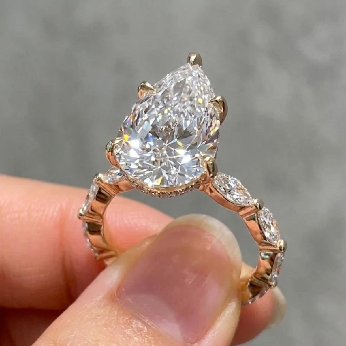 3.00Ct Pear Cut Moissanite Engagement Ring, 14K Solid Gold | Marquise Round Accent Ring