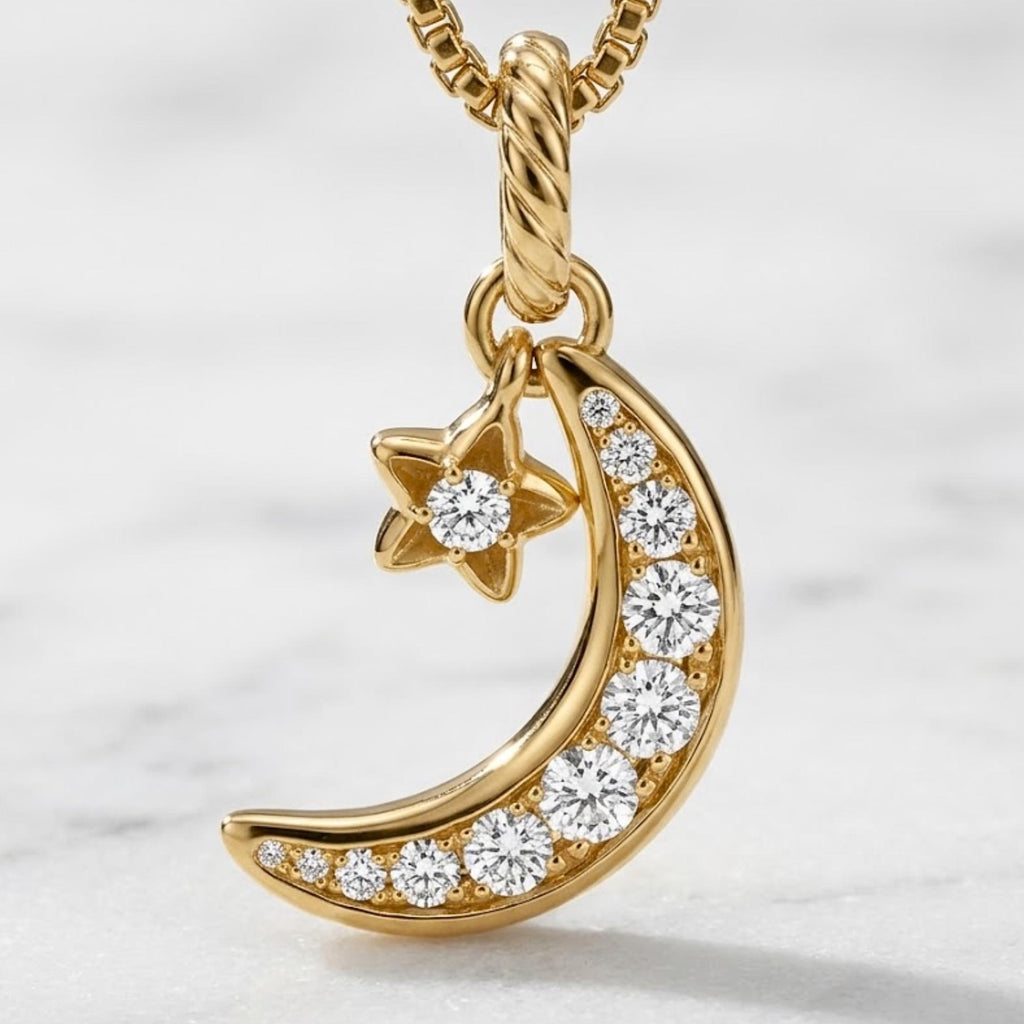 Mini Crescent Moon & Stars Moissanite Necklace in 14k Gold / Double Horn Moissanite Necklace / Mothers Day Gift / Gift for Mom