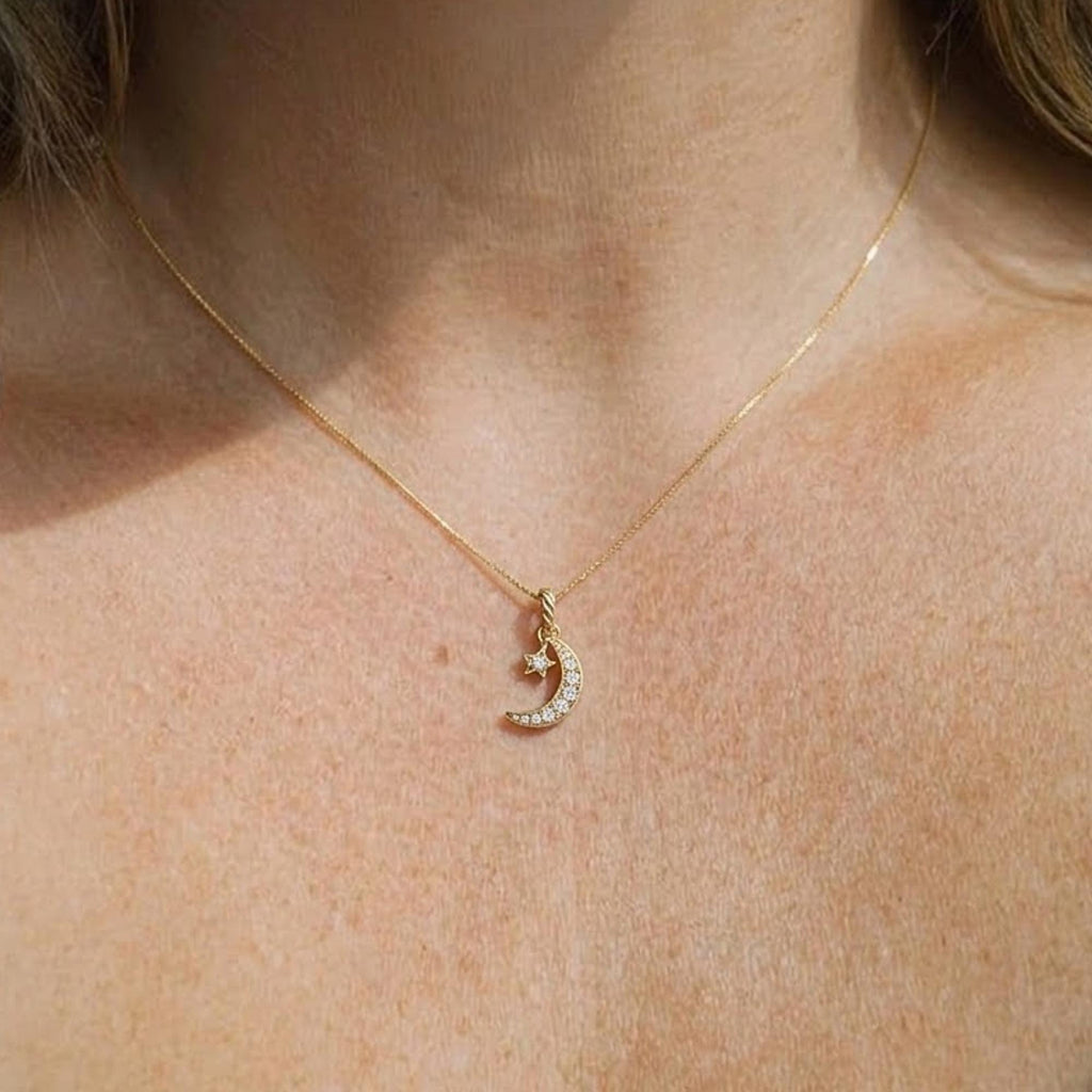 Mini Crescent Moon & Stars Moissanite Necklace in 14k Gold / Double Horn Moissanite Necklace / Mothers Day Gift / Gift for Mom