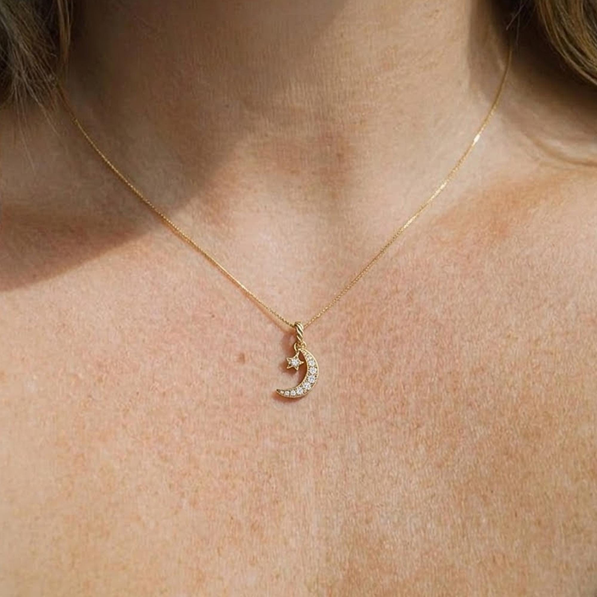 Mini Crescent Moon & Stars Moissanite Necklace in 14k Gold / Double Horn Moissanite Necklace / Mothers Day Gift / Gift for Mom