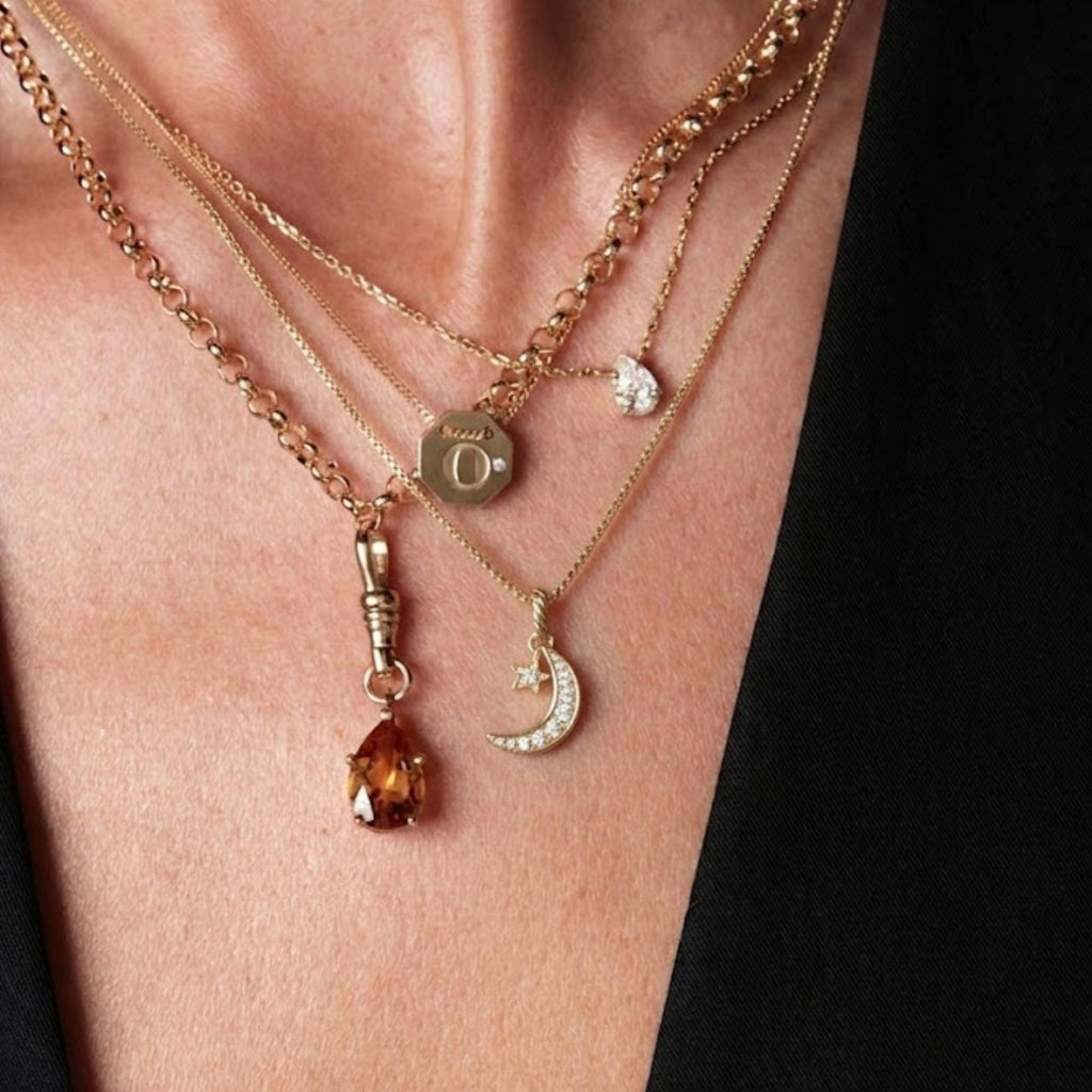 Mini Crescent Moon & Stars Moissanite Necklace in 14k Gold / Double Horn Moissanite Necklace / Mothers Day Gift / Gift for Mom