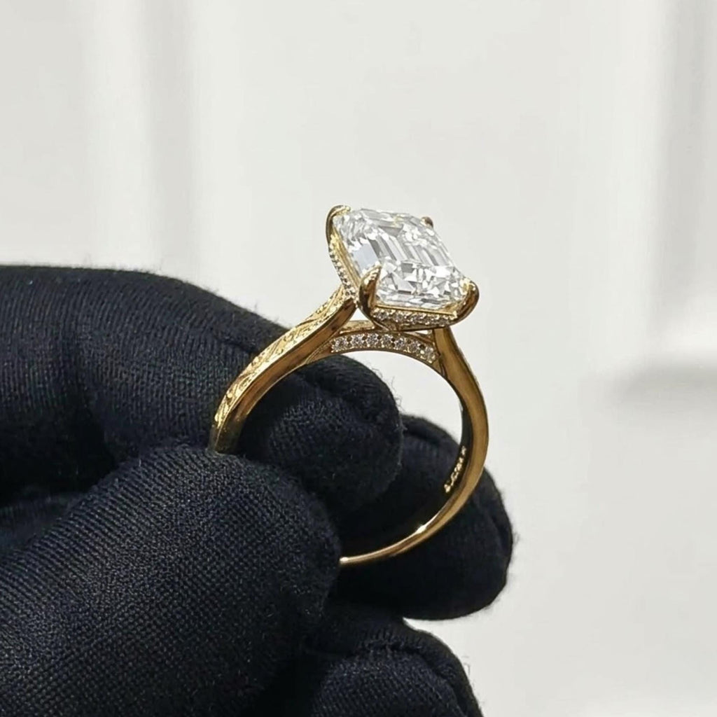 Vintage 4 CT Emerald Cut Moissanite Engagement Ring With Hidden Halo And Bridge Pave Set 10K Solid Gold Dainty Engraving Band Wedding Ring