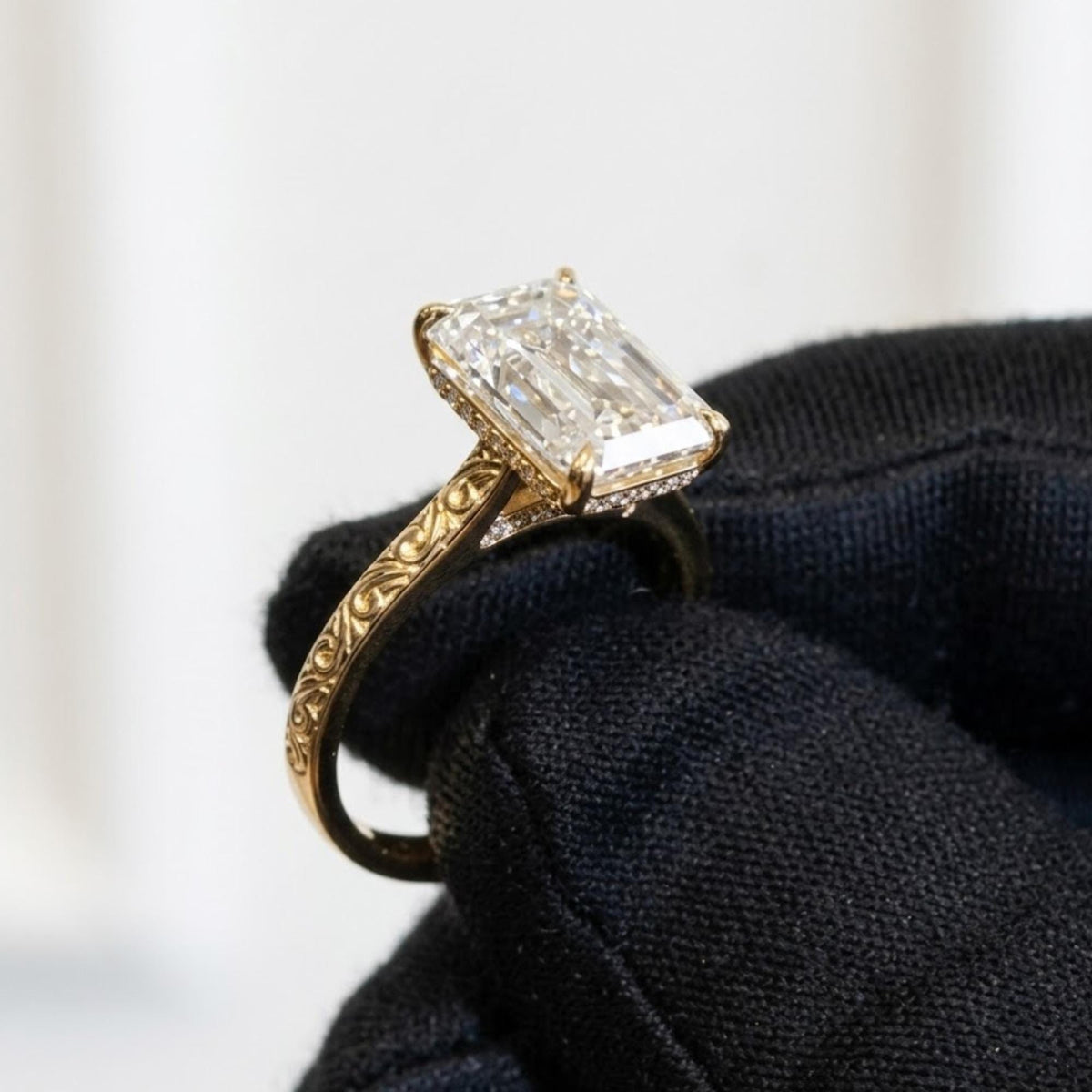 Vintage 4 CT Emerald Cut Moissanite Engagement Ring With Hidden Halo And Bridge Pave Set 10K Solid Gold Dainty Engraving Band Wedding Ring