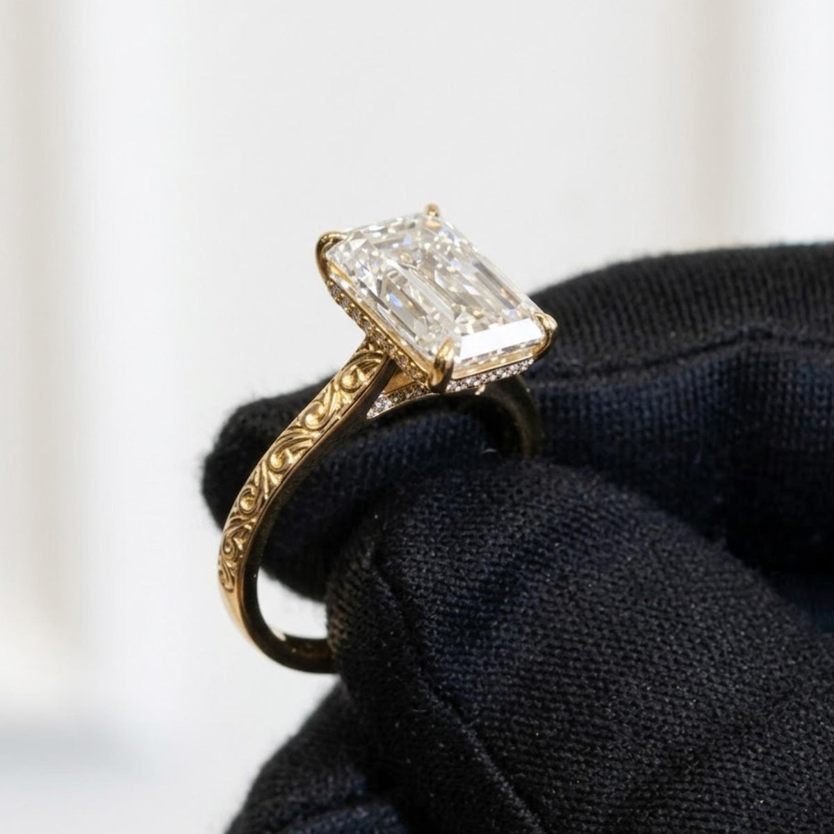 Vintage 4 CT Emerald Cut Diamond Engagement Ring With Hidden Halo And Bridge Pave Set 14K Solid Gold Dainty Engraving Band Wedding Ring