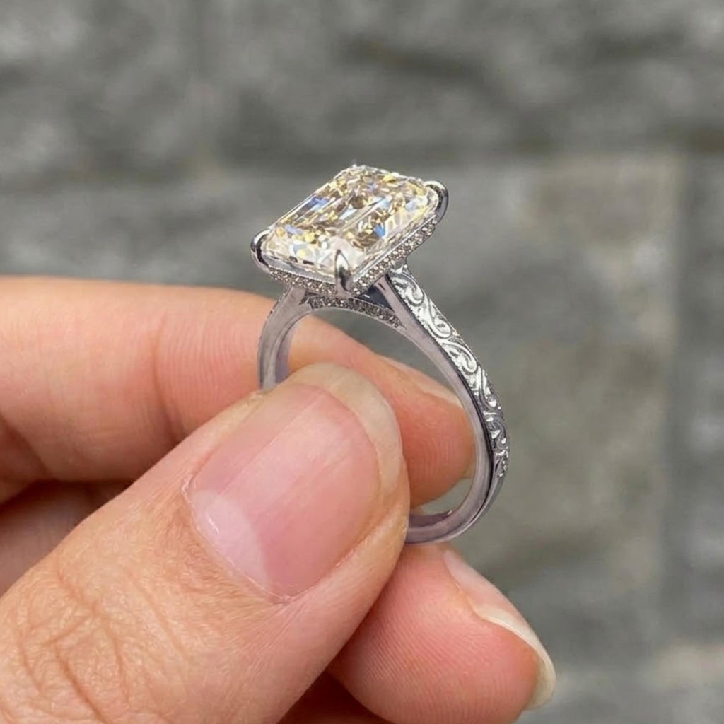 Vintage 4 CT Emerald Cut Moissanite Engagement Ring With Hidden Halo And Bridge Pave Set 10K Solid Gold Dainty Engraving Band Wedding Ring