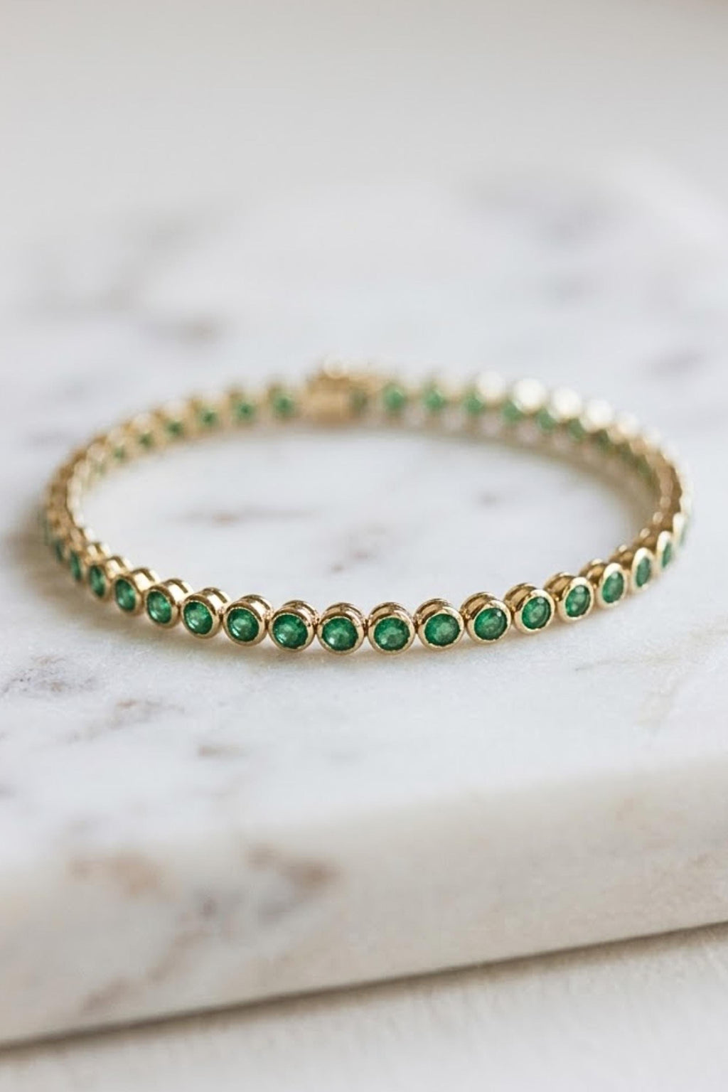 14K Gold Emerald Tennis Bracelet: Bezel Set Layering Bracelet