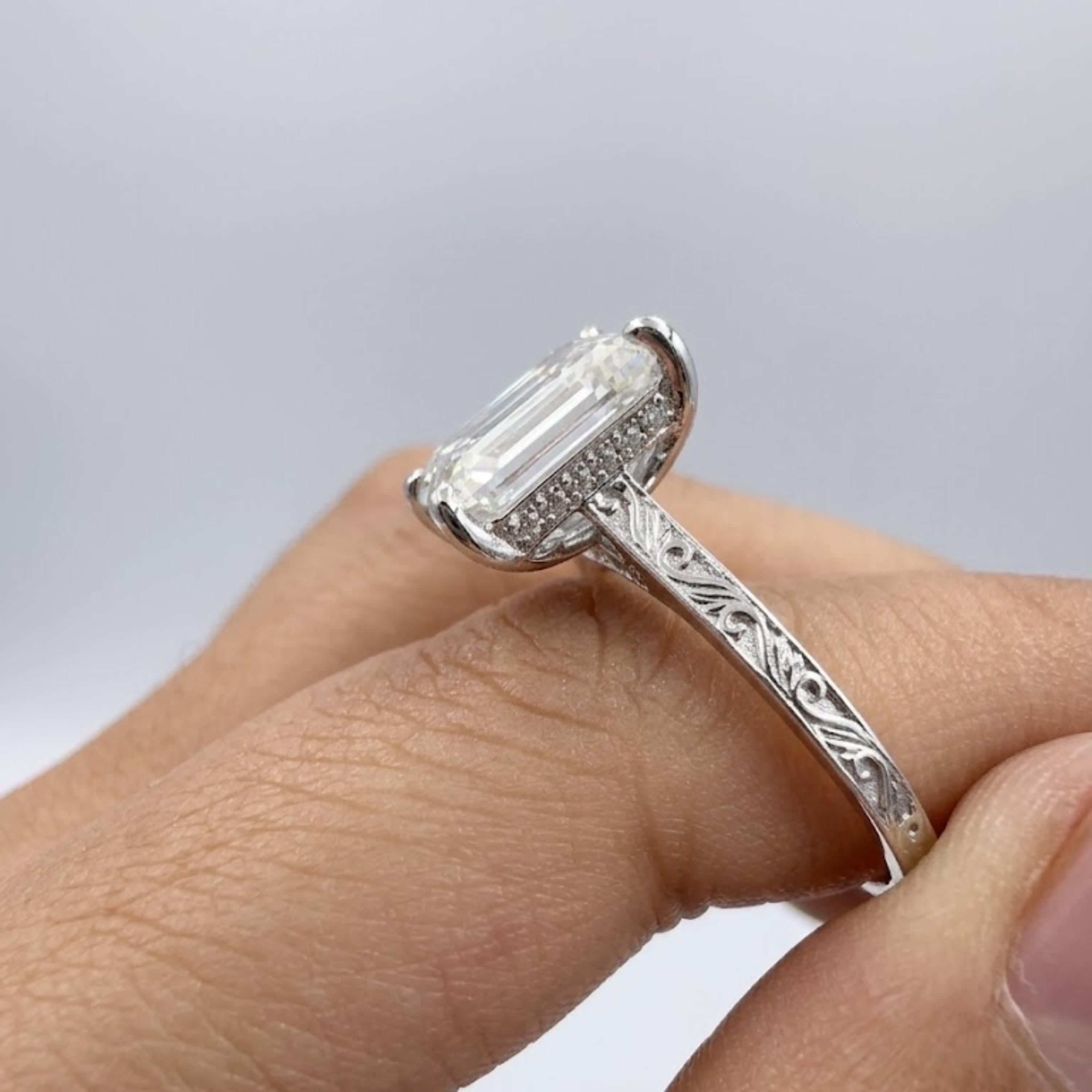 Vintage 4 CT Emerald Cut Moissanite Engagement Ring With Hidden Halo And Bridge Pave Set 10K Solid Gold Dainty Engraving Band Wedding Ring