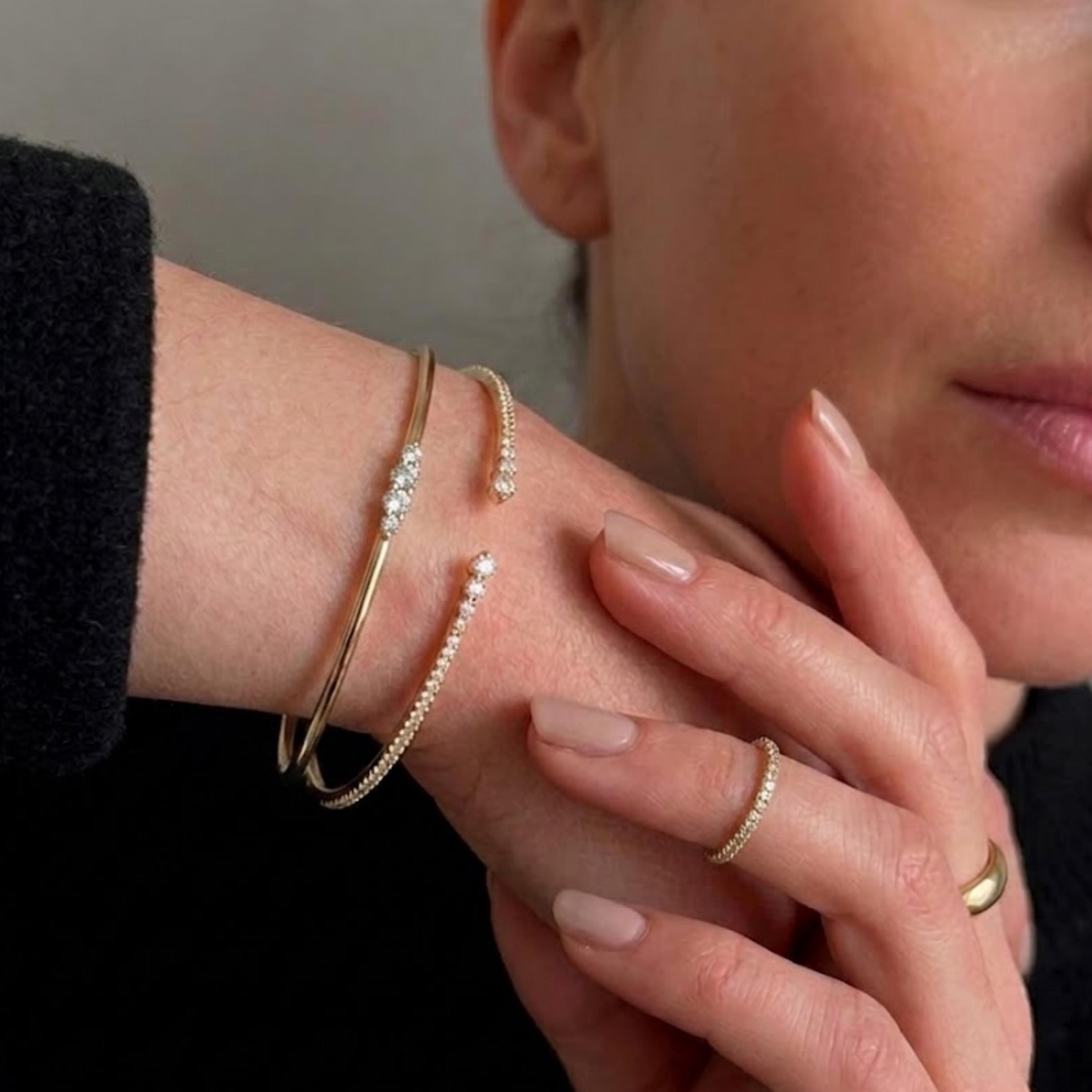 14K Solid Yellow Gold Diamond Bangle Bracelet | Women's Cuff