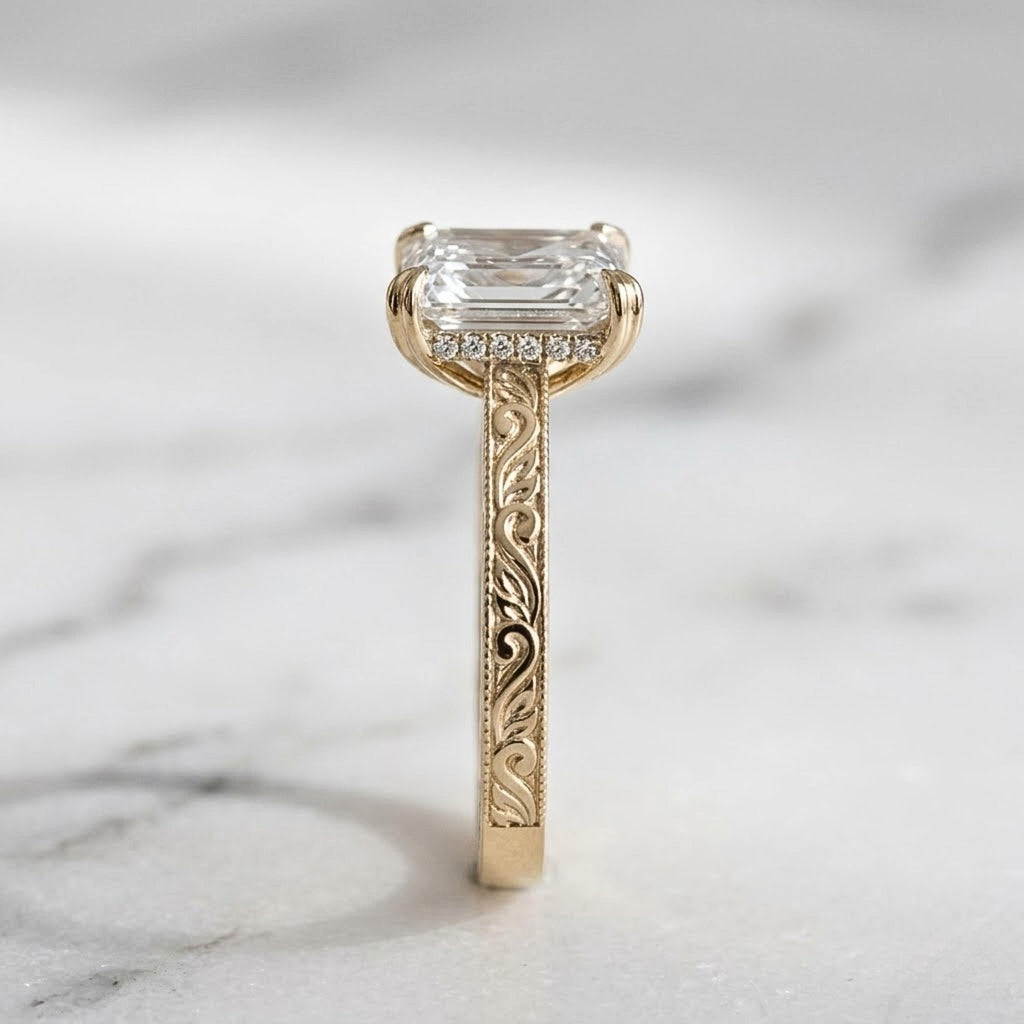 Emerald Cut Moissanite Ring, 14K Yellow Gold Vintage Floral Band