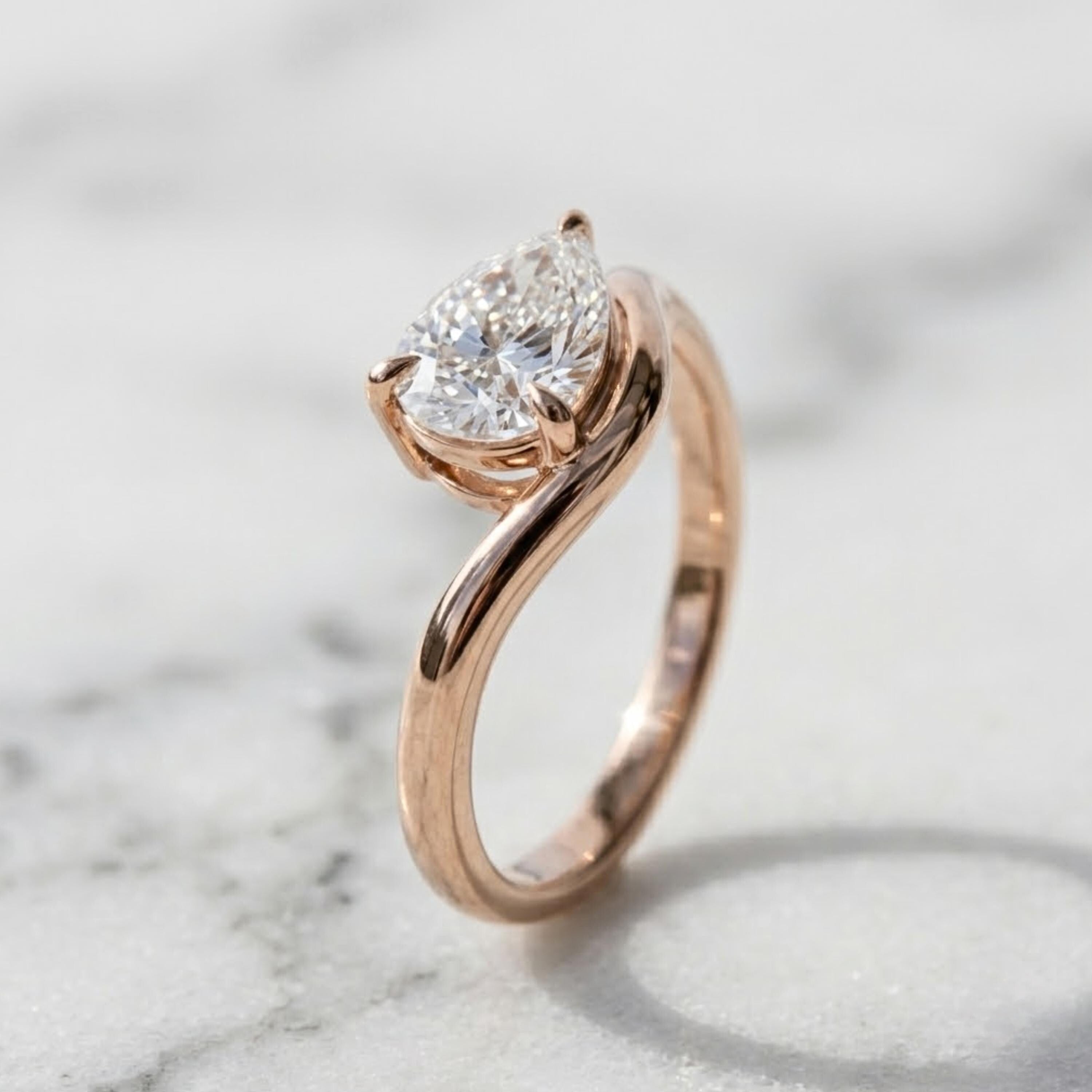 1CT Pear Cut Colorless Moissanite Curved Ring, Lab Grown Diamond Solitaire Statement Ring, Women's Wedding Fit, Engagement Gift, Pinky Ring