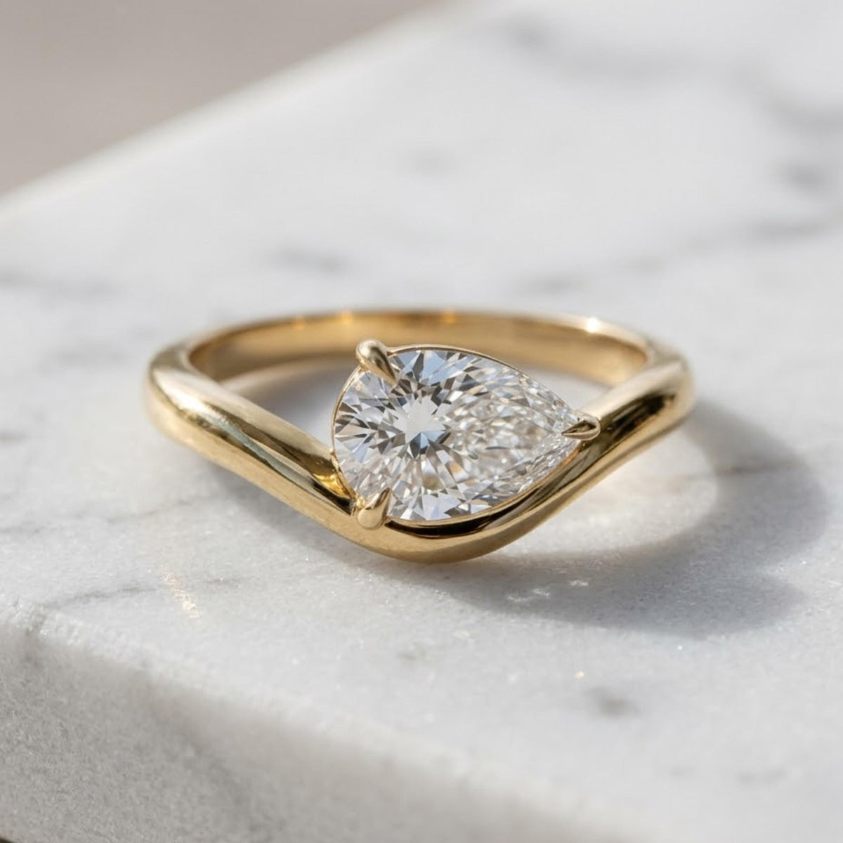 1CT Pear Cut Colorless Moissanite Curved Ring, Lab Grown Diamond Solitaire Statement Ring, Women's Wedding Fit, Engagement Gift, Pinky Ring