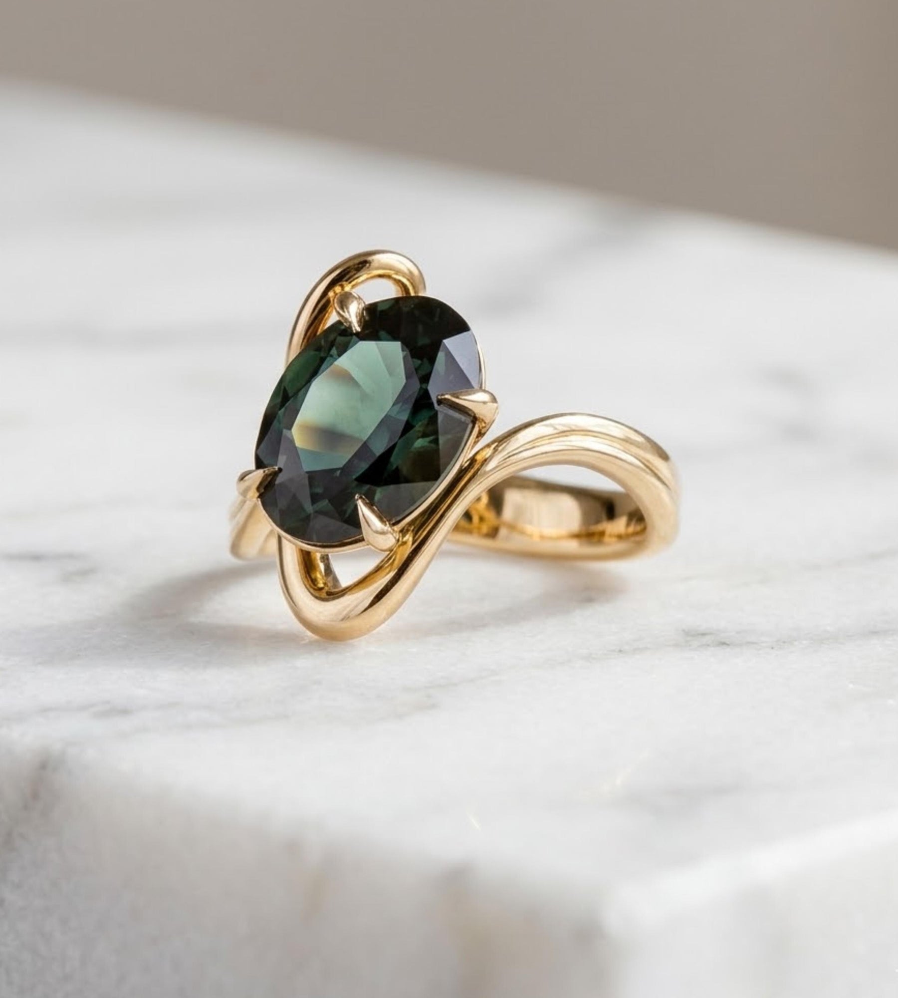 Oval Engagement Ring, Vintage Style Teal sapphire Oval Cut Solitaire Ring, Bypass Teal Sapphire Ring, 14K Yellow Gold Bridal Promise Ring