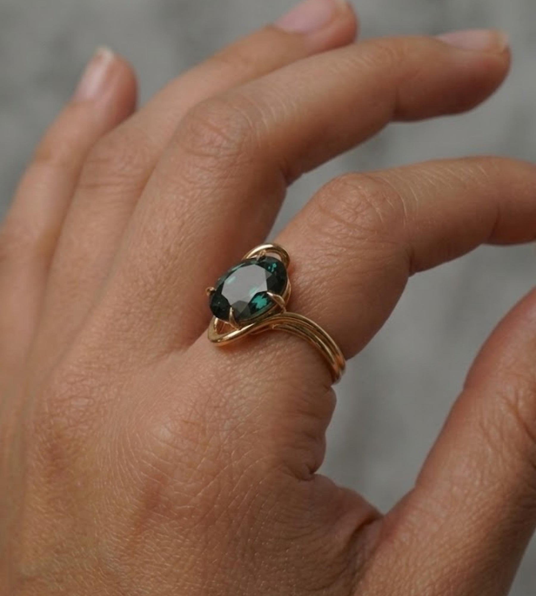 Oval Engagement Ring, Vintage Style Teal sapphire Oval Cut Solitaire Ring, Bypass Teal Sapphire Ring, 14K Yellow Gold Bridal Promise Ring