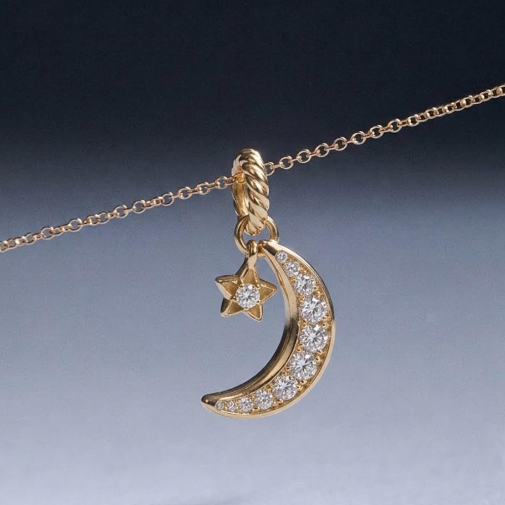 Mini Crescent Moon & Stars Moissanite Necklace in 14k Gold / Double Horn Moissanite Necklace / Mothers Day Gift / Gift for Mom
