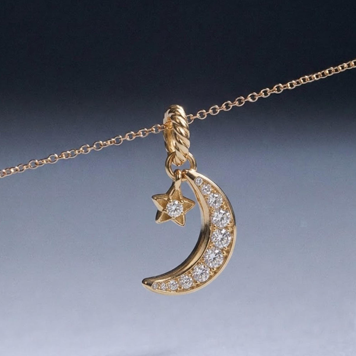 Mini Crescent Moon & Stars Moissanite Necklace in 14k Gold / Double Horn Moissanite Necklace / Mothers Day Gift / Gift for Mom