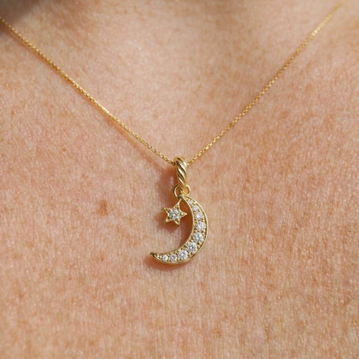 Mini Crescent Moon & Stars Moissanite Necklace in 14k Gold / Double Horn Moissanite Necklace / Mothers Day Gift / Gift for Mom