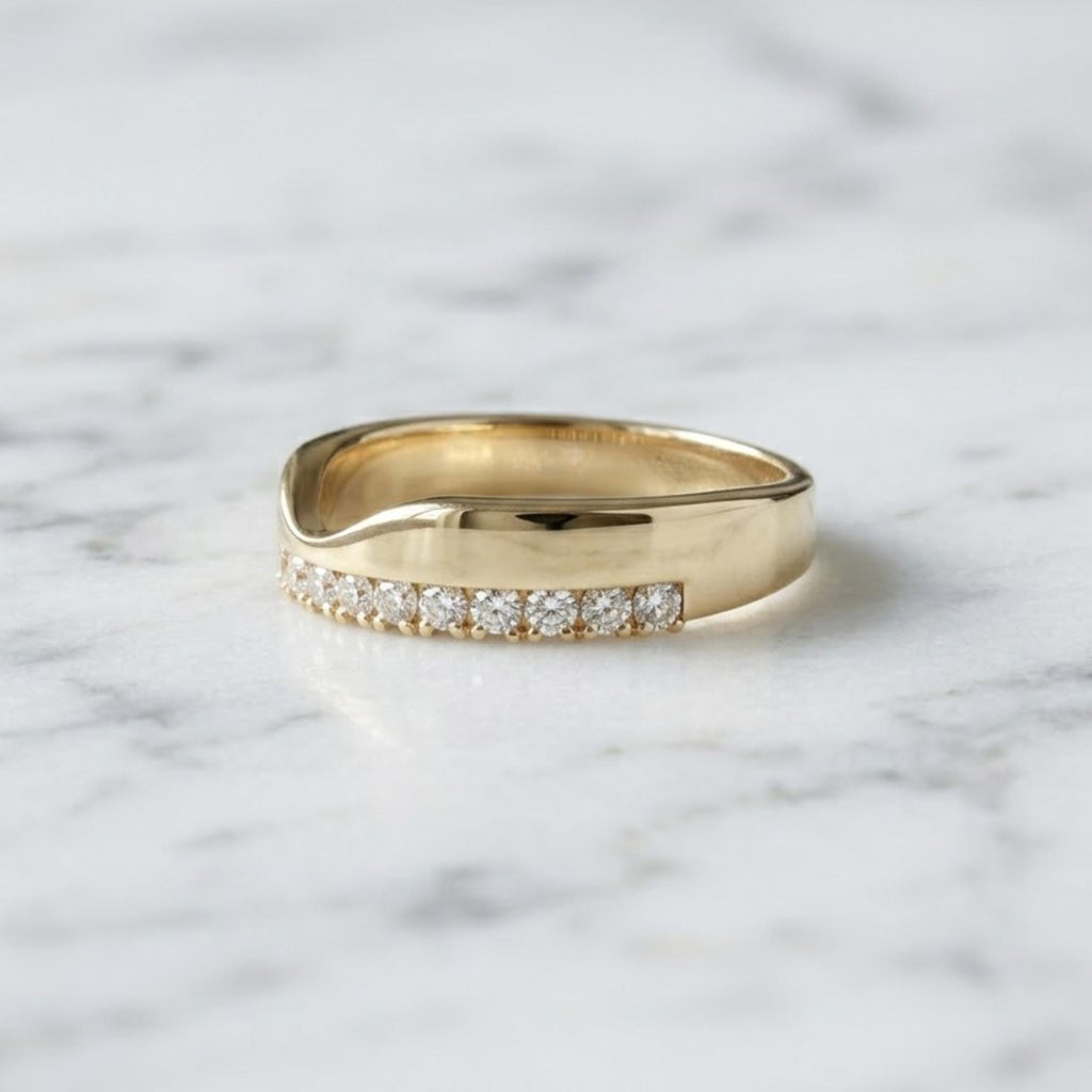 Moissanite Pave Wedding Band: 14k Gold Half Eternity Ring