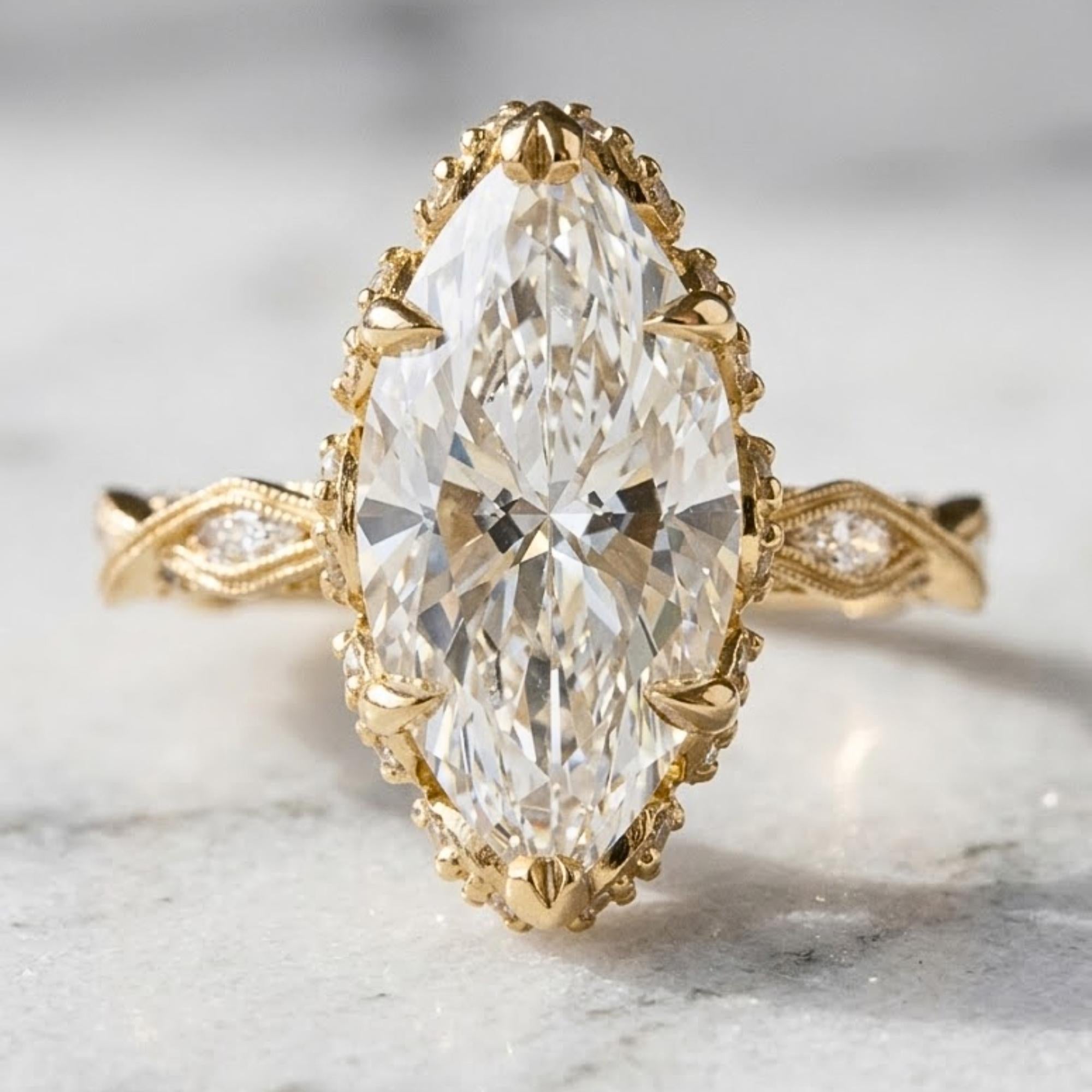 2 CT Marquise Cut Moissanite Engagement Ring, Vintage Art Deco Solid Gold Proposal Ring, Unique Wedding Ring for Her, Anniversary Gift
