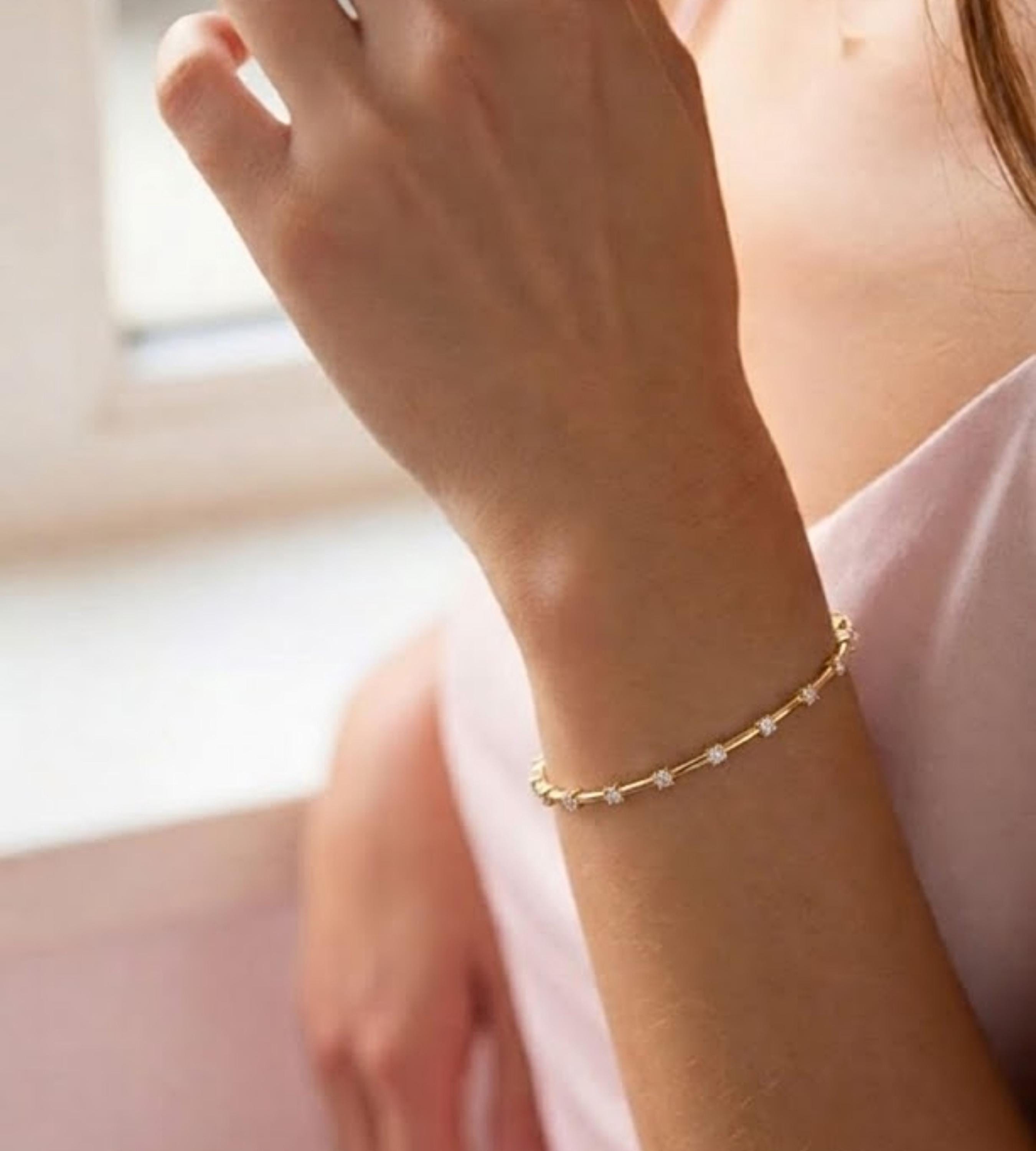 Round Diamond Station Bangle Bracelet 10k 14k Real Gold Moissanite Diamond Cuff Bracelet 925 Minimalist Everyday Stacking Bracelet