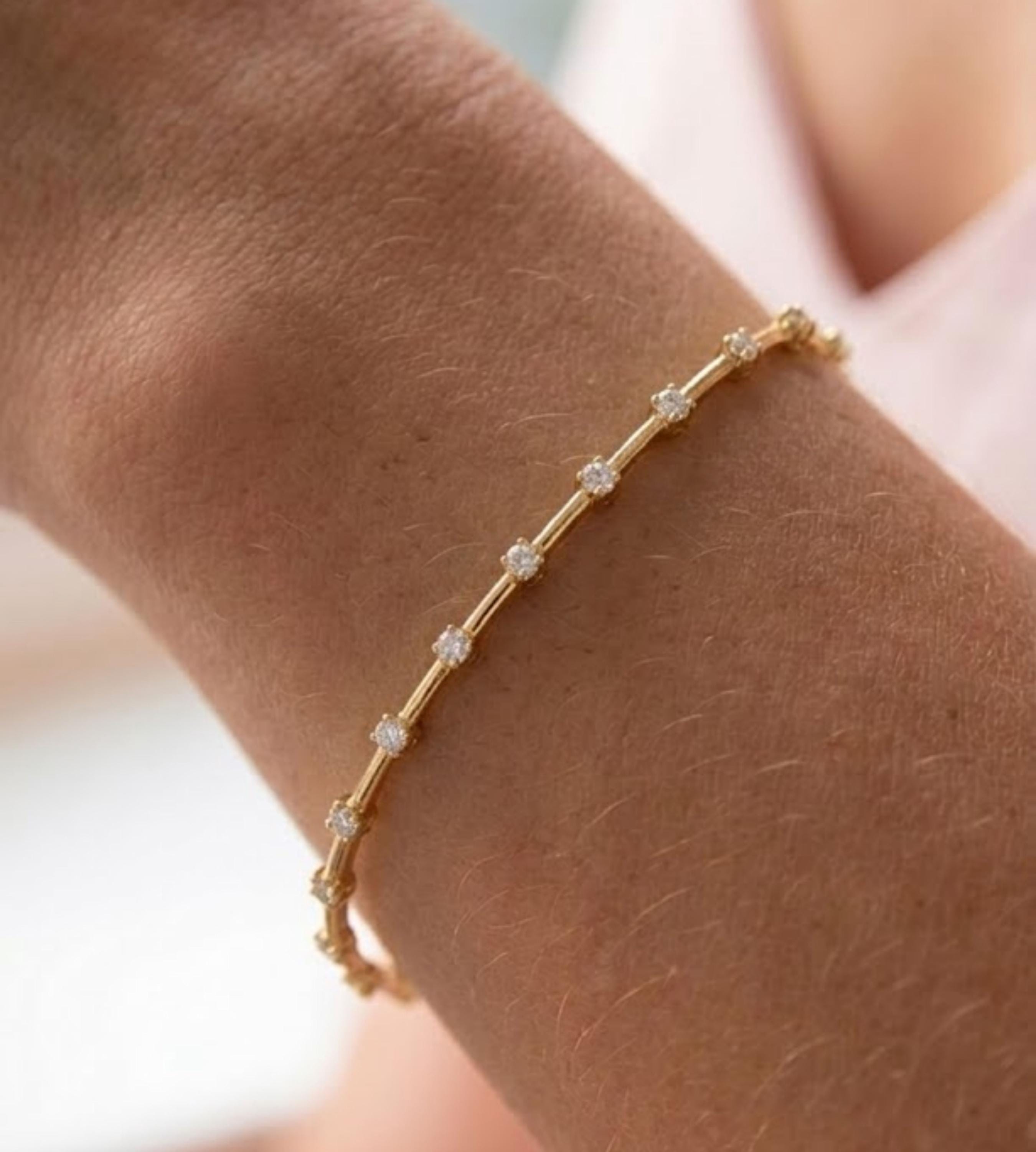 Round Diamond Station Bangle Bracelet 10k 14k Real Gold Moissanite Diamond Cuff Bracelet 925 Minimalist Everyday Stacking Bracelet