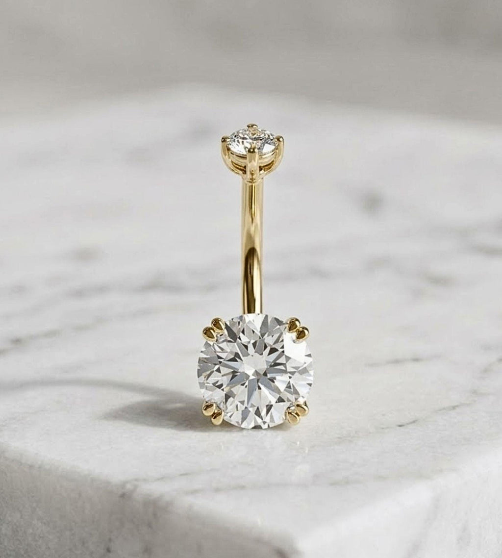 14K Solid Gold Round CZ Belly Button Ring/14G Screw on Navel Ring with Prong Set Gemstones, Elegant Belly Piercing Jewelry,