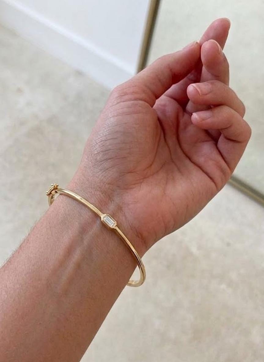 14K Gold Solitaire Bracelet, Emerald Shape Solitaire Bangle, Diamond Bangle Bracelet, Emerald Bracelet Bangle, Hinged Gold Bangle