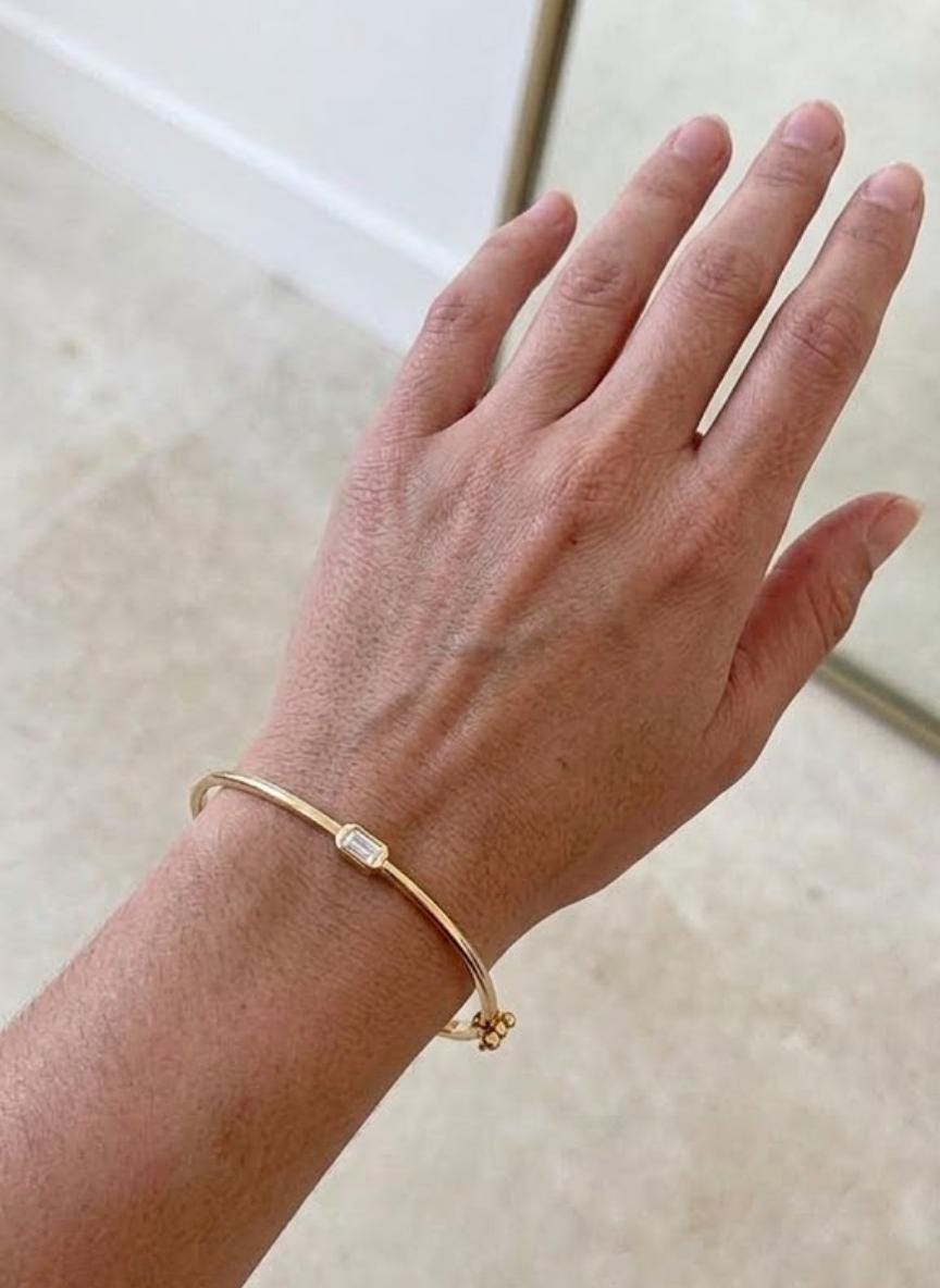 14K Gold Solitaire Bracelet, Emerald Shape Solitaire Bangle, Diamond Bangle Bracelet, Emerald Bracelet Bangle, Hinged Gold Bangle