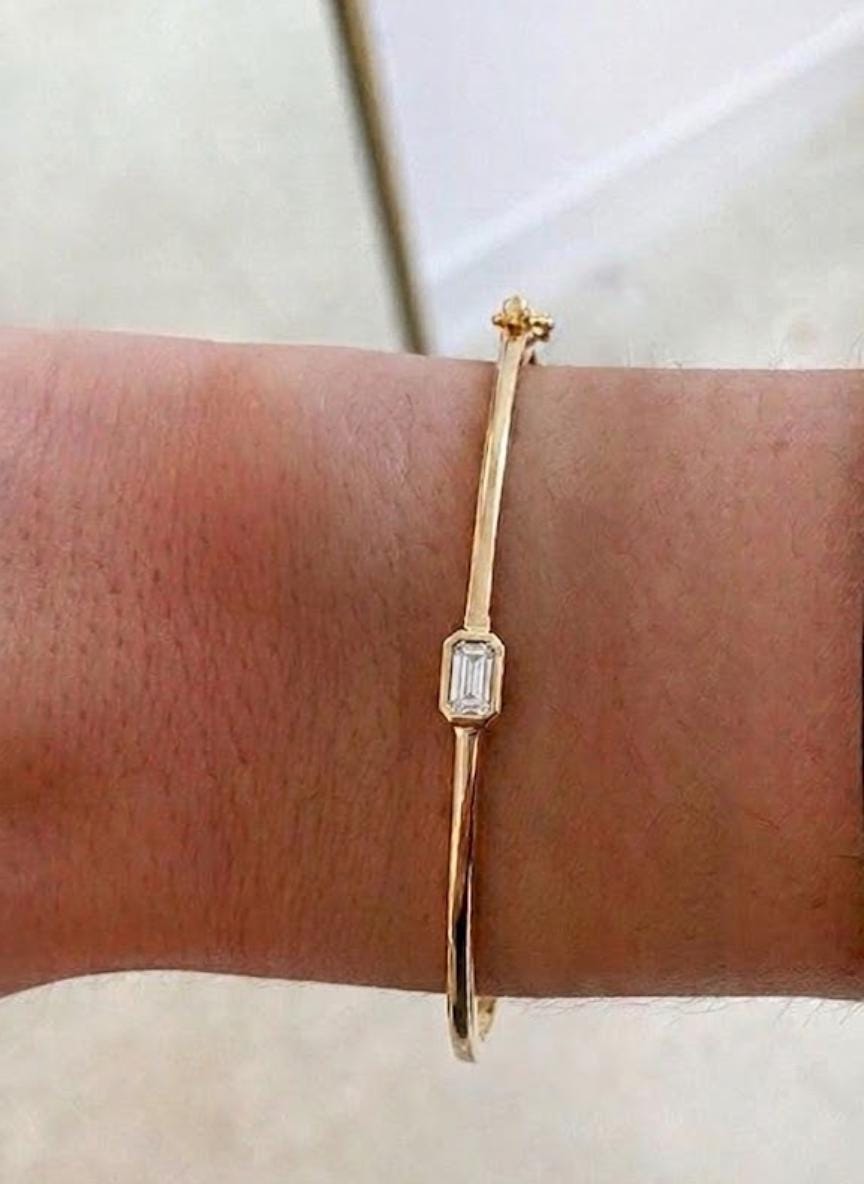 14K Gold Solitaire Bracelet, Emerald Shape Solitaire Bangle, Diamond Bangle Bracelet, Emerald Bracelet Bangle, Hinged Gold Bangle