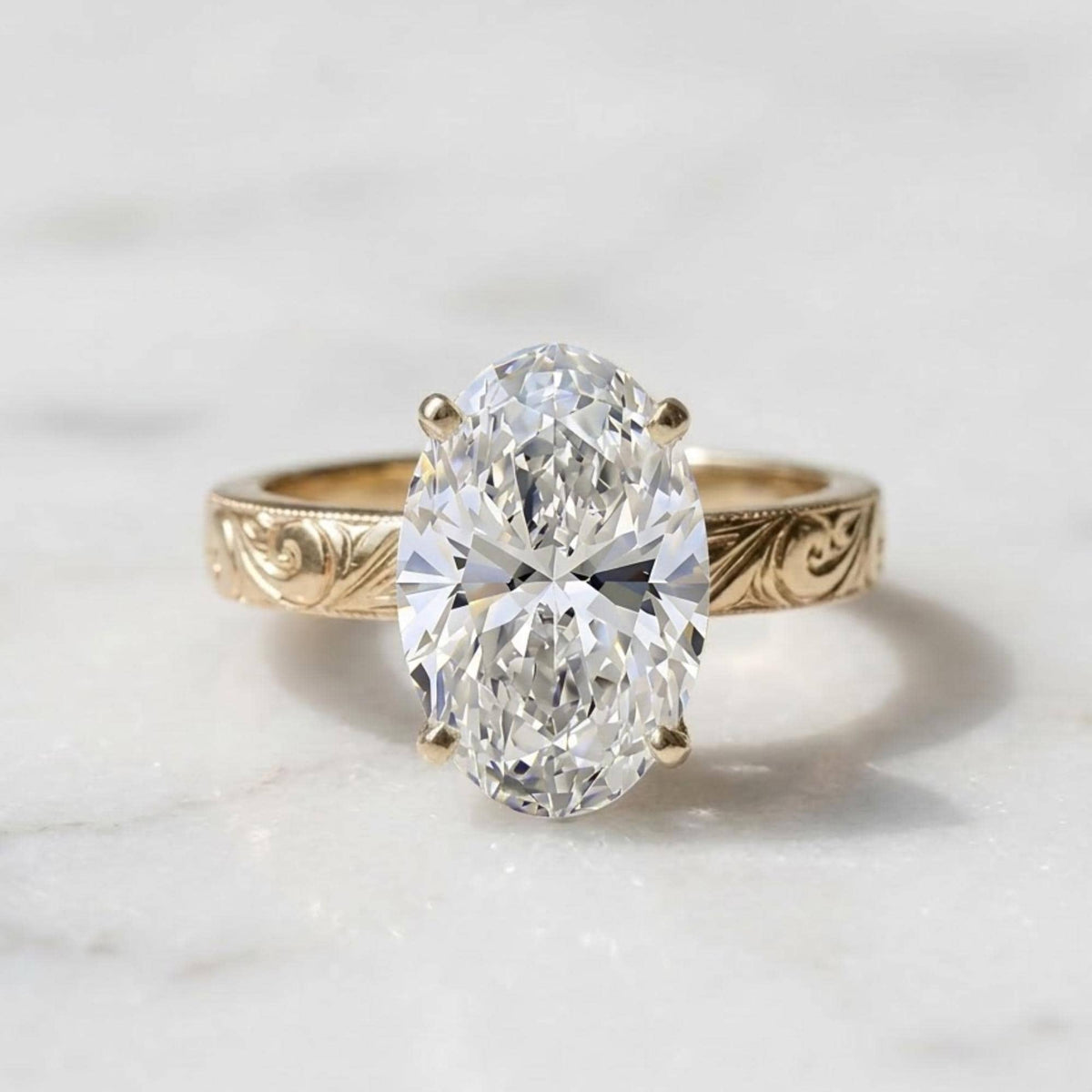 Oval Moissanite Engagement Ring, 14K Yellow Gold, Engraved Floral Band