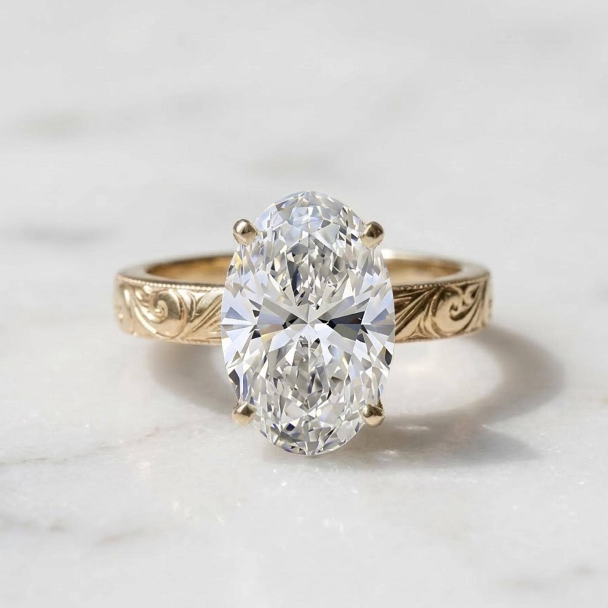 Oval Moissanite Engagement Ring, 14K Yellow Gold, Engraved Floral Band