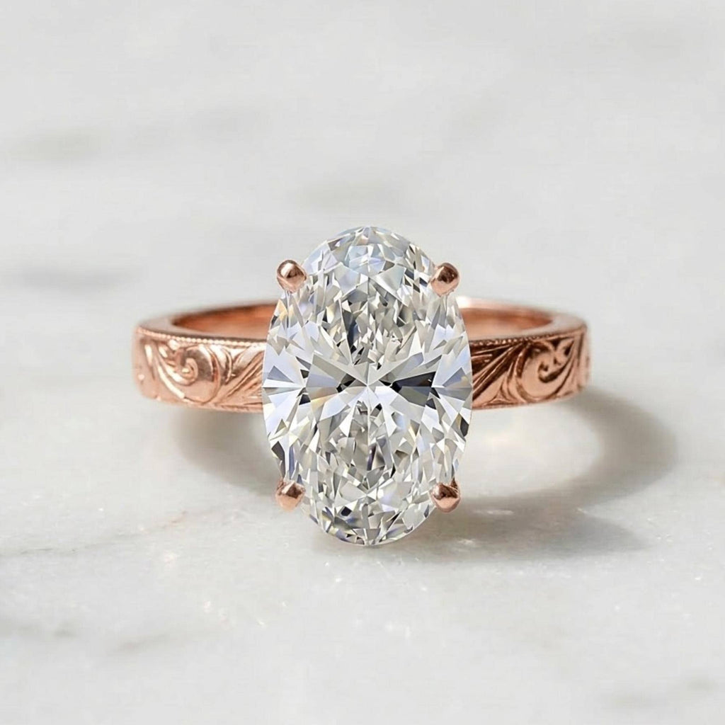 Oval Moissanite Engagement Ring, 14K Yellow Gold, Engraved Floral Band