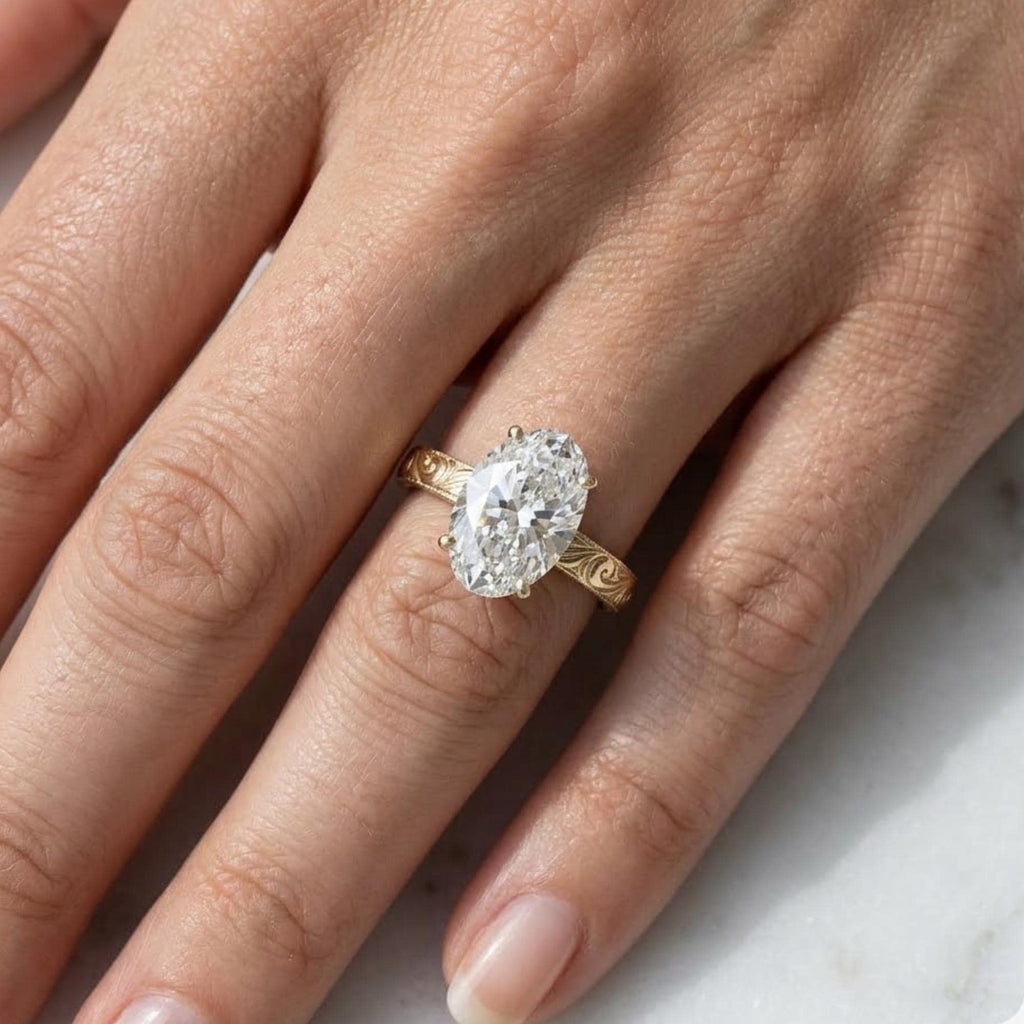 Oval Moissanite Engagement Ring, 14K Yellow Gold, Engraved Floral Band