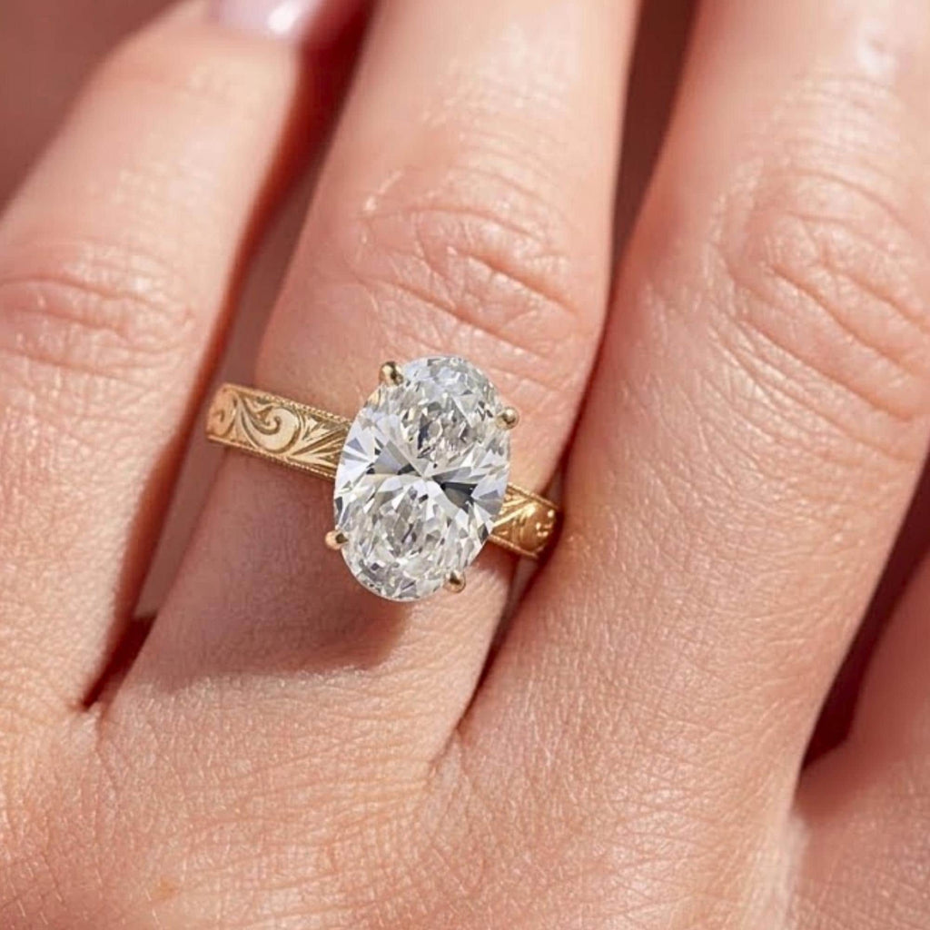 Oval Moissanite Engagement Ring, 14K Yellow Gold, Engraved Floral Band