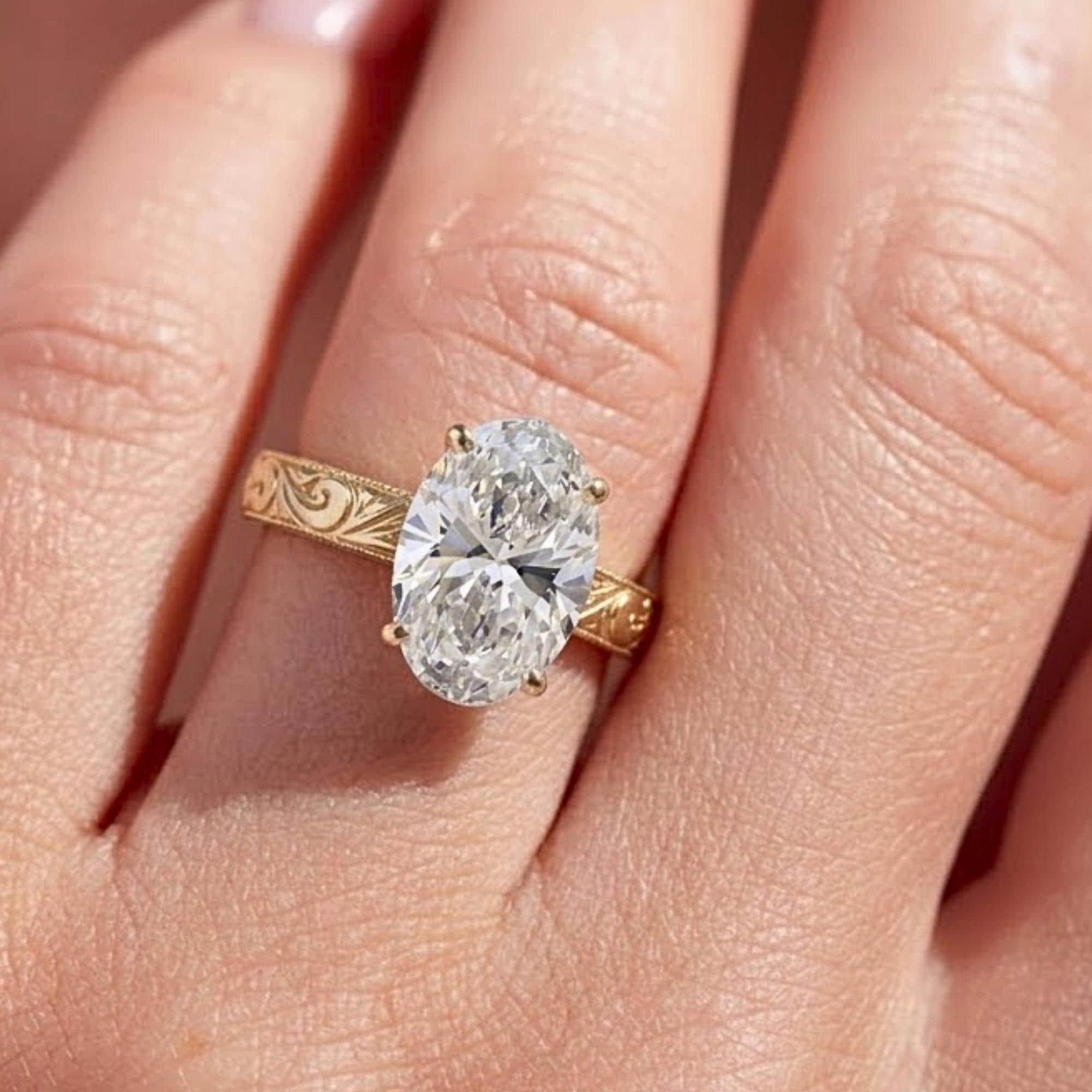 Oval Moissanite Engagement Ring, 14K Yellow Gold, Engraved Floral Band