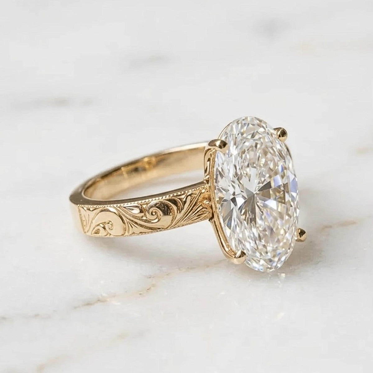 Oval Moissanite Engagement Ring, 14K Yellow Gold, Engraved Floral Band