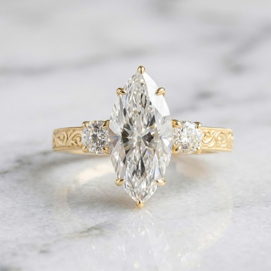 Marquise Moissanite Engagement Ring, Vintage Yellow Gold Bridal Jewelry
