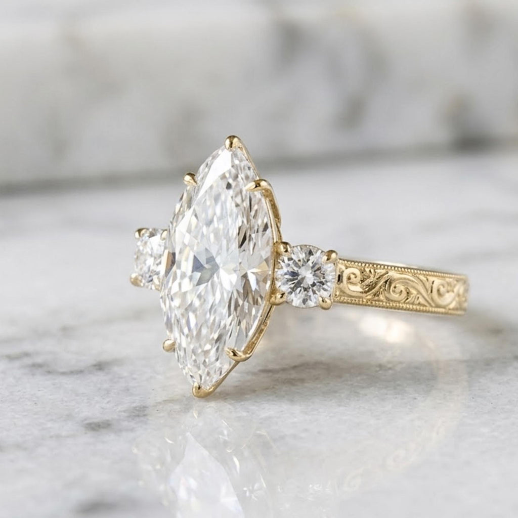 Marquise Moissanite Engagement Ring, Vintage Yellow Gold Bridal Jewelry