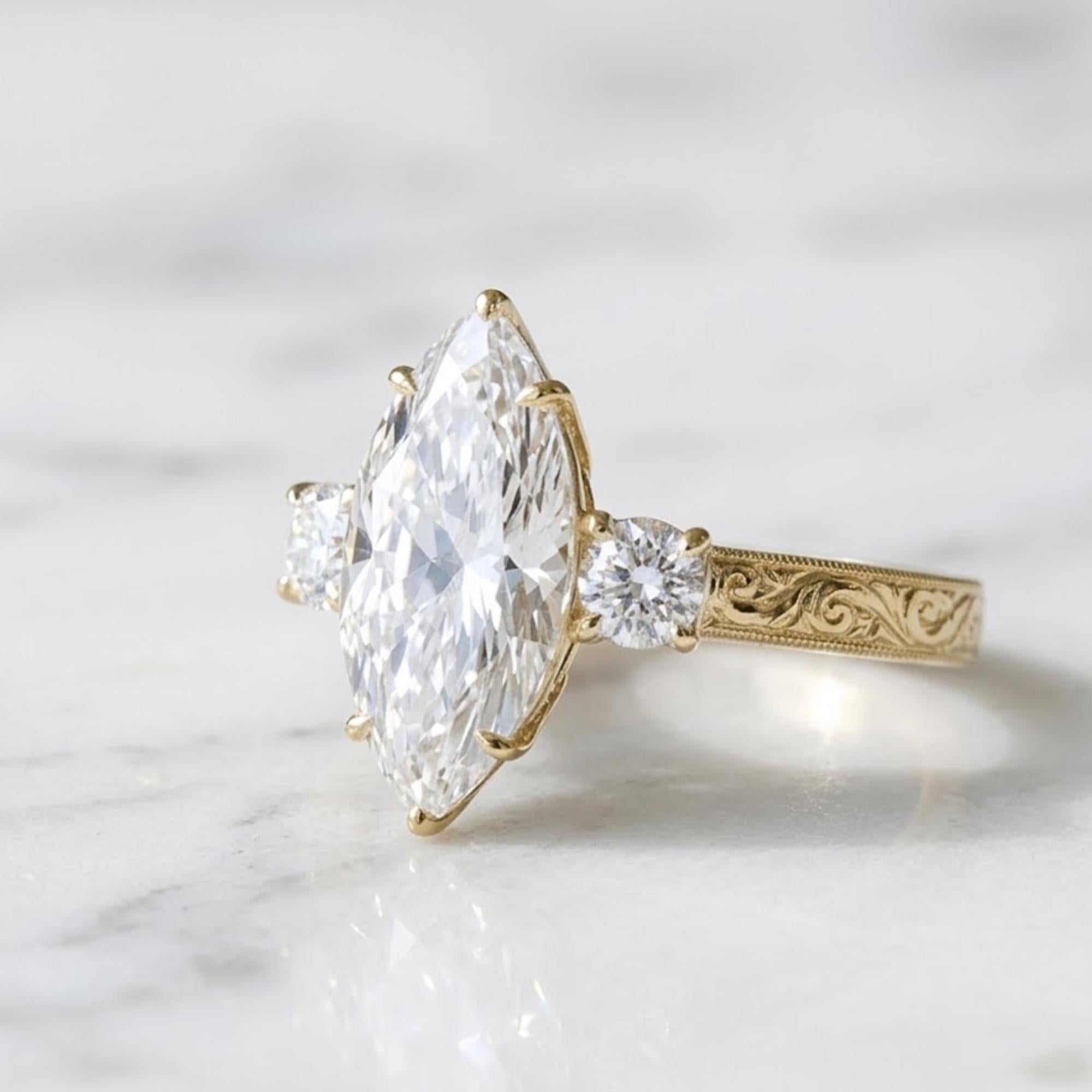 Marquise Moissanite Engagement Ring, Vintage Yellow Gold Bridal Jewelry