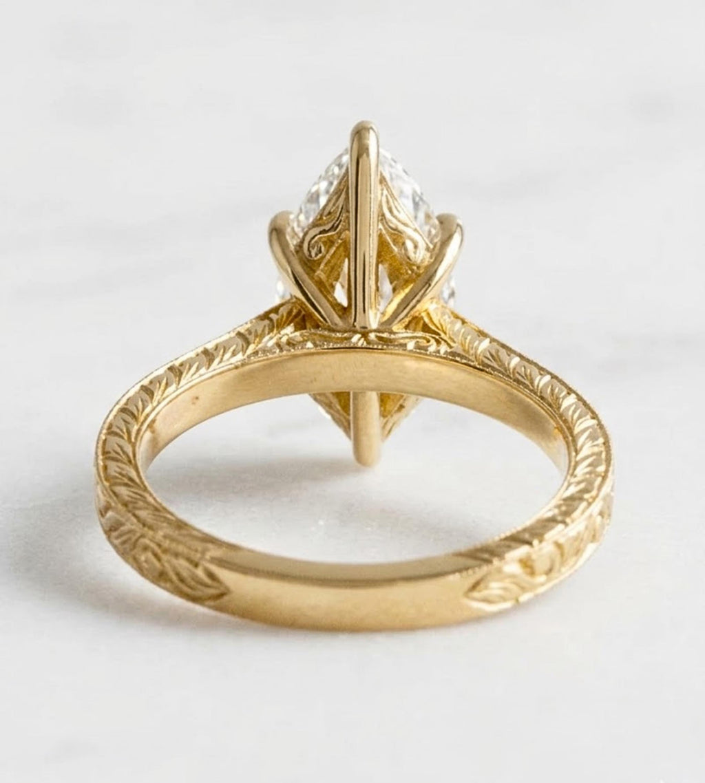 Marquise Cut Moissanite Ring Vintage Moissanite Engagement Ring Solid Gold Unique Classic Solitaire Engagement Ring Filigree Hand Carved
