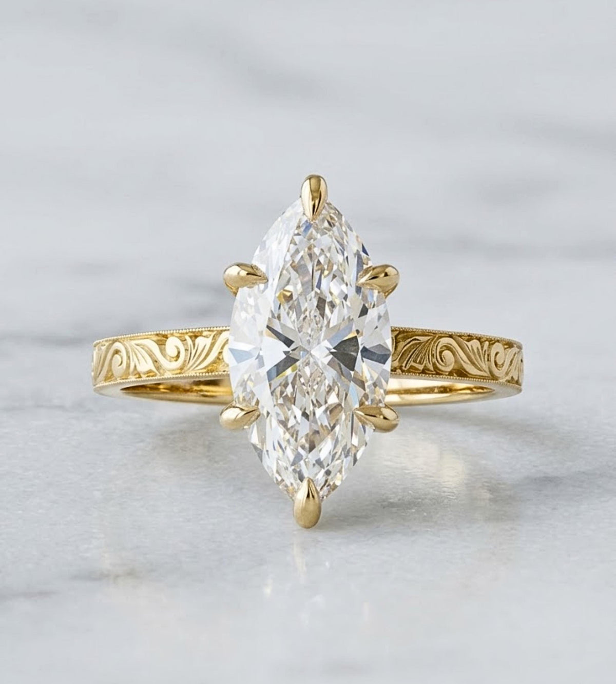 Marquise Cut Moissanite Ring Vintage Moissanite Engagement Ring Solid Gold Unique Classic Solitaire Engagement Ring Filigree Hand Carved