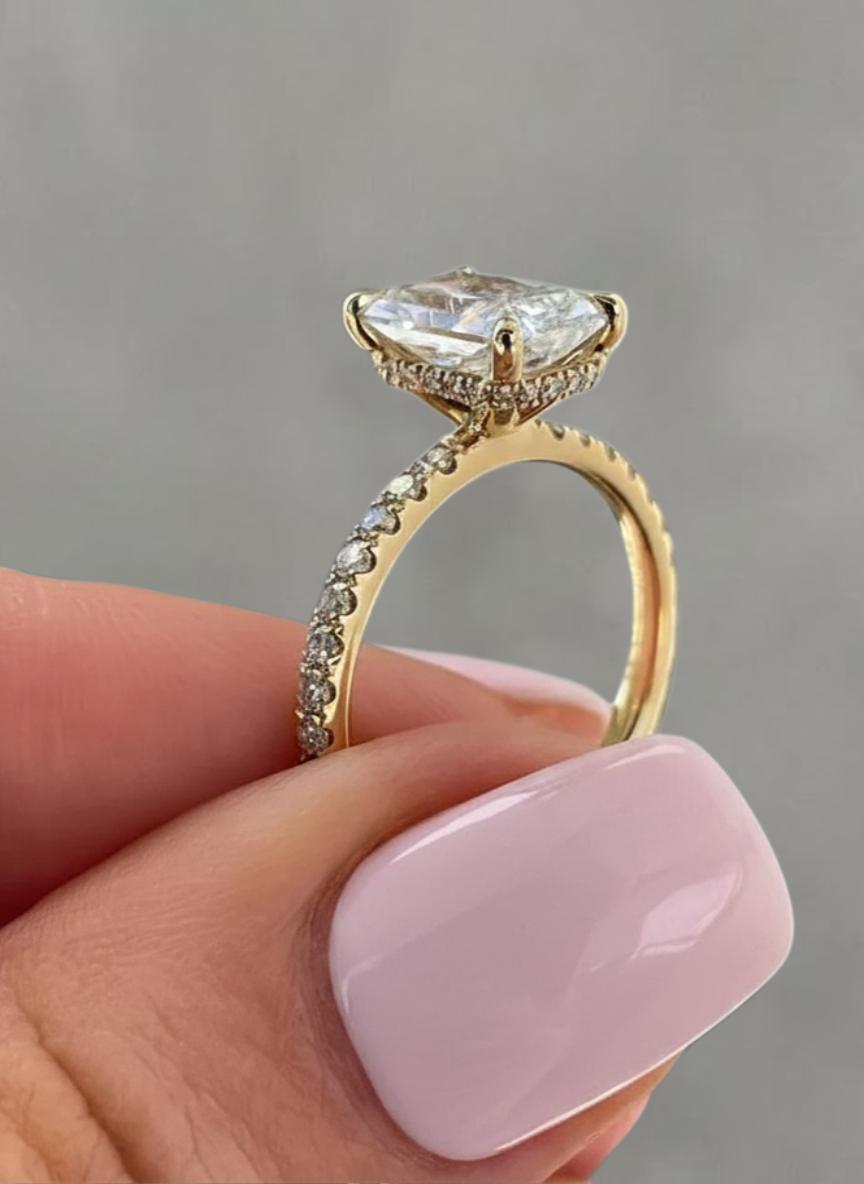 3.00Ct Radiant Cut Lab Grown Diamond or Moissanite Engagement Ring, Hidden Halo, Pavé Band, 14k Gold