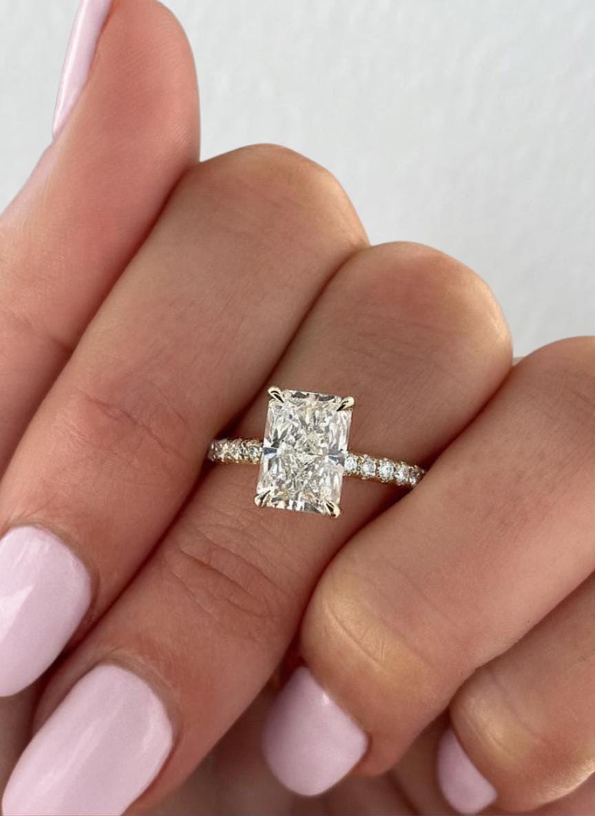 3.00Ct Radiant Cut Lab Grown Diamond or Moissanite Engagement Ring, Hidden Halo, Pavé Band, 14k Gold