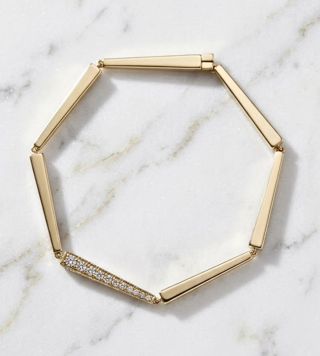 unique Solid Gold Moissanite Bar Cuff Bracelet, Moissanite Gold Bangle for Women, Handmade Luxury Modern Fine Jewelry Gift