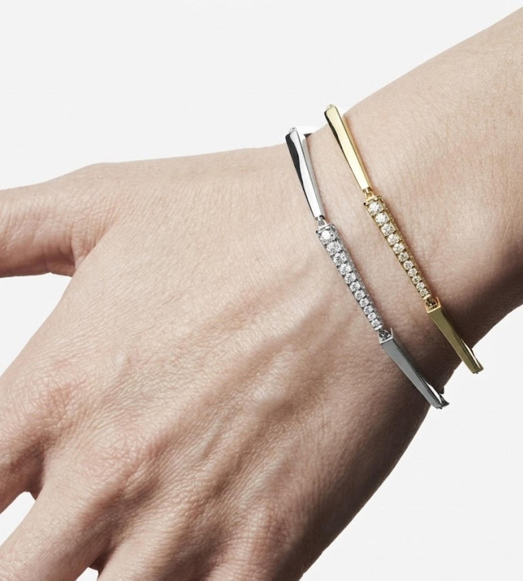 unique Solid Gold Moissanite Bar Cuff Bracelet, Moissanite Gold Bangle for Women, Handmade Luxury Modern Fine Jewelry Gift