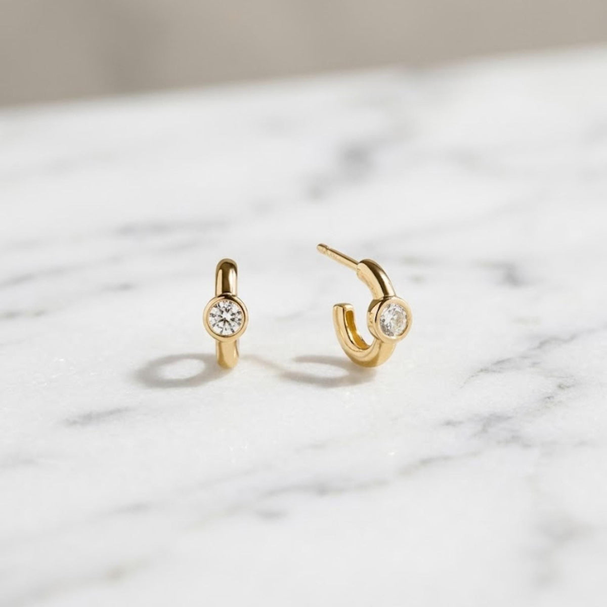 14k Gold and Moissanite Hoop Earrings, Small Dangling Diamond Bezel Huggies, Moissanite Diamonds, Everyday Cute Huggie Earrings,Sold in Pair