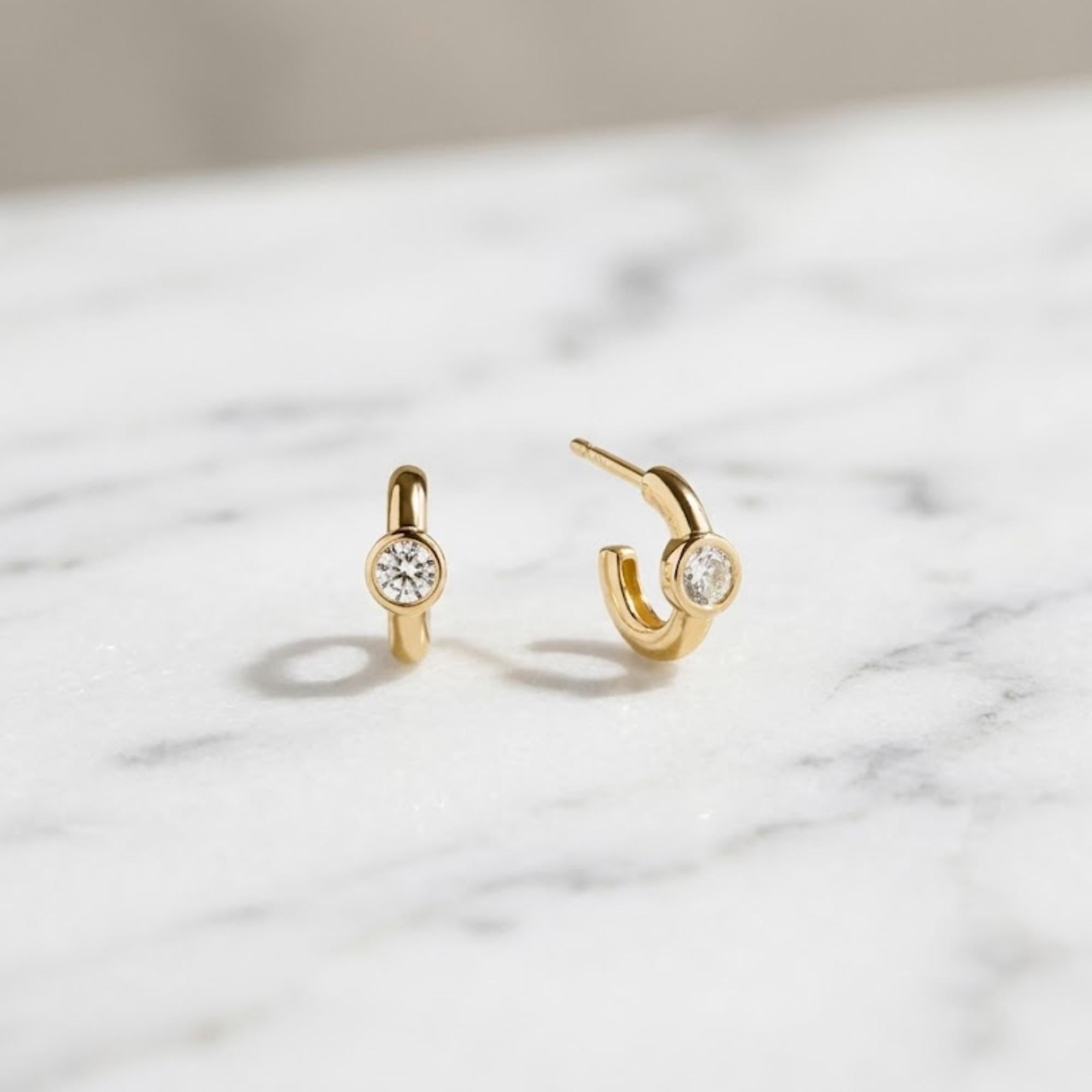 14k Gold and Moissanite Hoop Earrings, Small Dangling Diamond Bezel Huggies, Moissanite Diamonds, Everyday Cute Huggie Earrings,Sold in Pair
