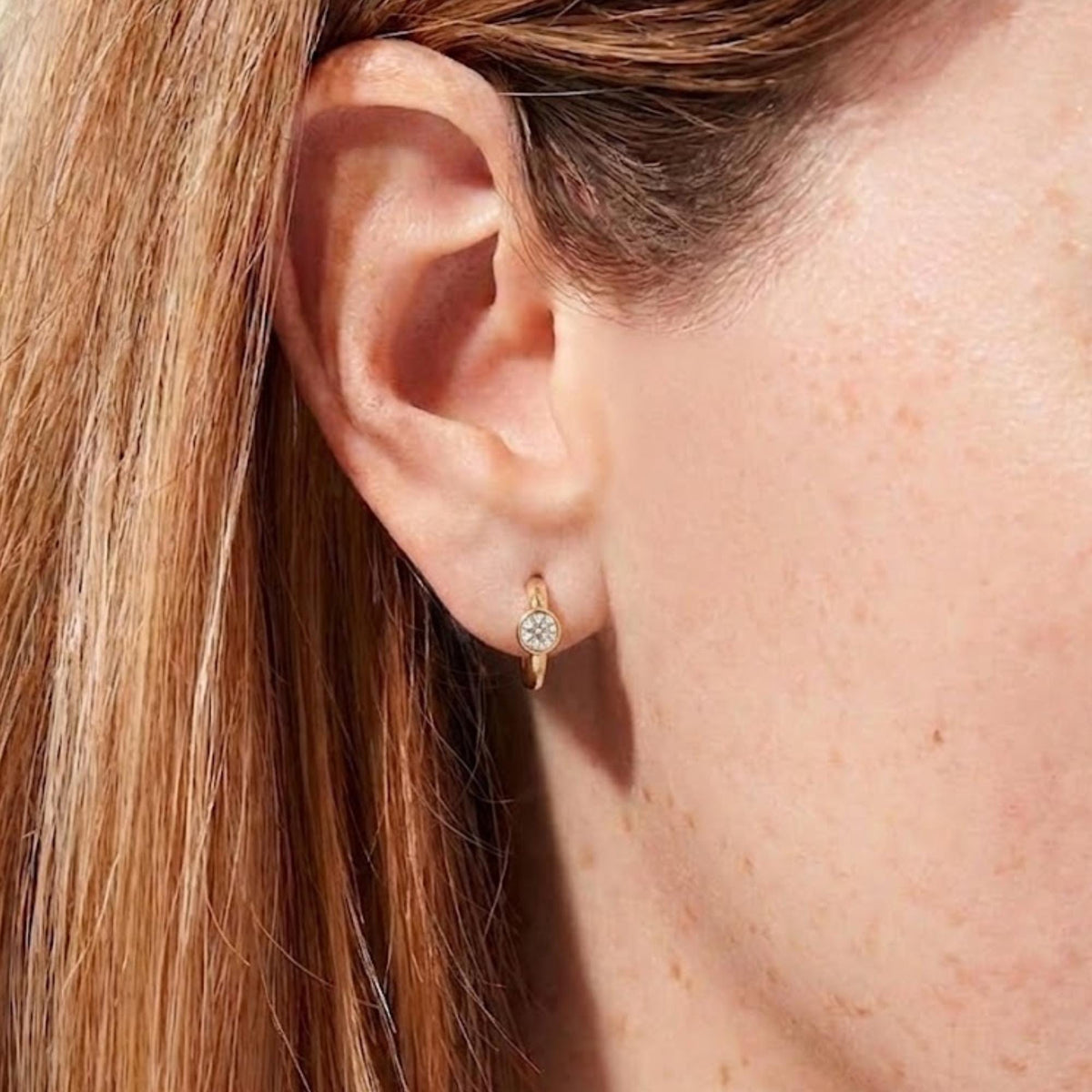 14k Gold and Moissanite Hoop Earrings, Small Dangling Diamond Bezel Huggies, Moissanite Diamonds, Everyday Cute Huggie Earrings,Sold in Pair