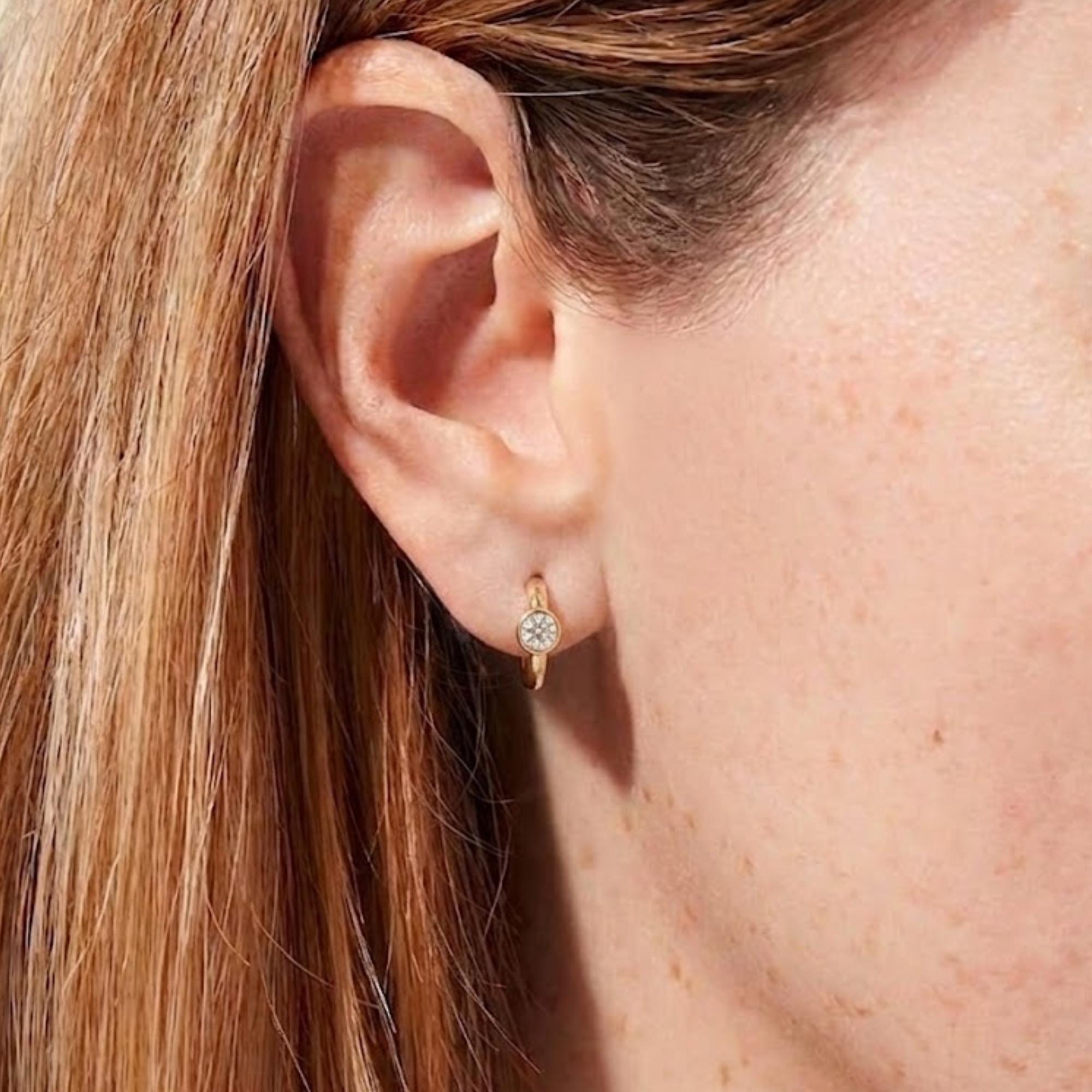 14k Gold and Moissanite Hoop Earrings, Small Dangling Diamond Bezel Huggies, Moissanite Diamonds, Everyday Cute Huggie Earrings,Sold in Pair